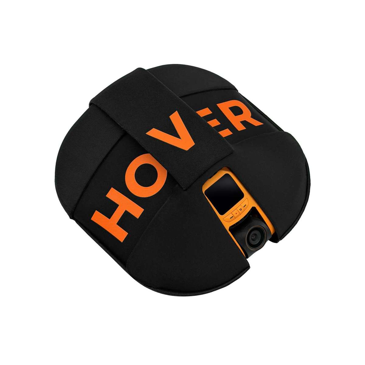 Ein schwarzer Stoffbeutel mit orangenem Aufdruck „HOVER“ und einer orangefarbenen Kamera.
