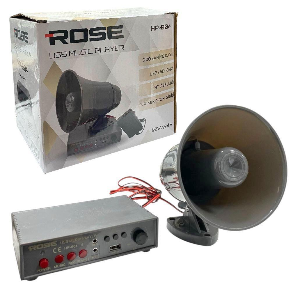 Rose USB müzik çalar, korna hoparlör ve kontrol ünitesi beyaz arka planda.