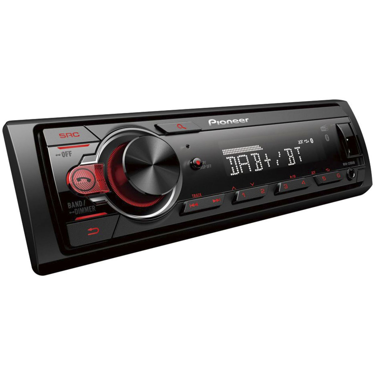 Schwarzes Pioneer-Autoradio mit Digitalanzeige für DAB+/BT. Lautstärkeregler und Tasten.