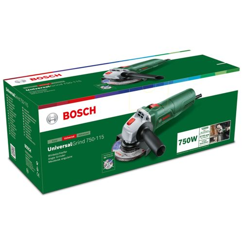 Grüner Bosch Winkelschleifer mit 750W Leistung auf einer Verpackung.