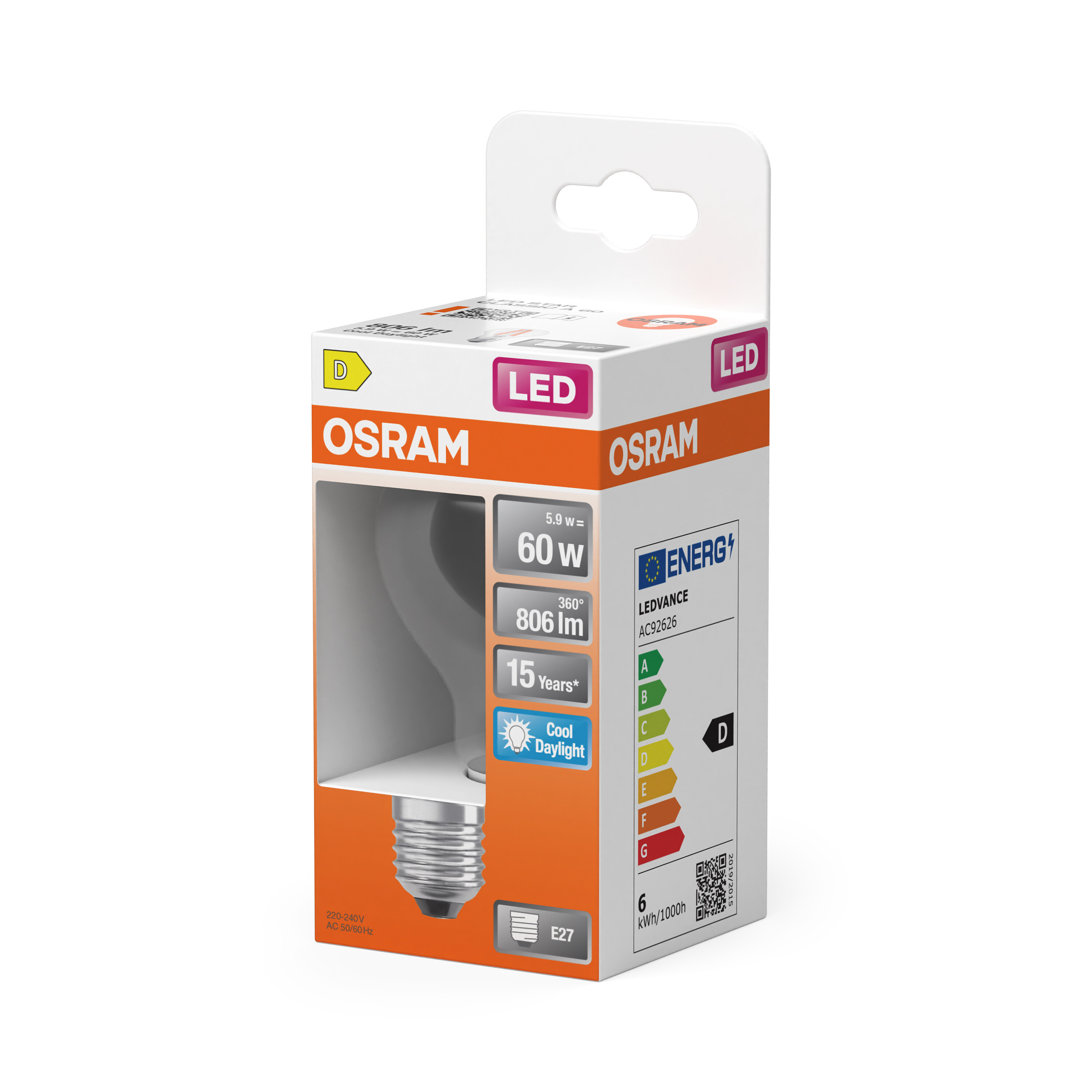Osram LED Lampe in Verpackung mit Energie-Label, E27 Sockel.