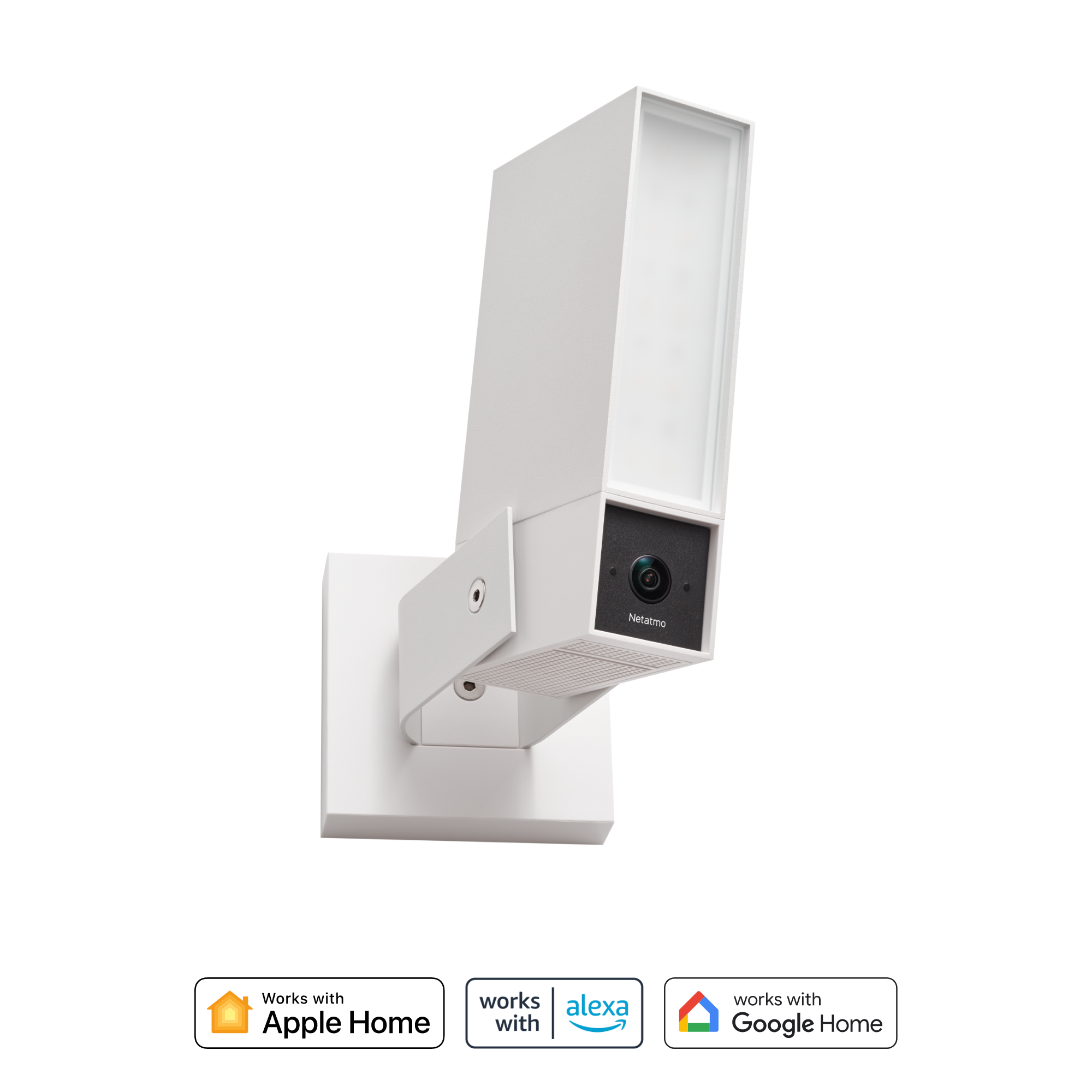 Witte Netatmo camera met lamp, aan een muur gemonteerd. Werkt met Apple Home, Alexa, Google Home.