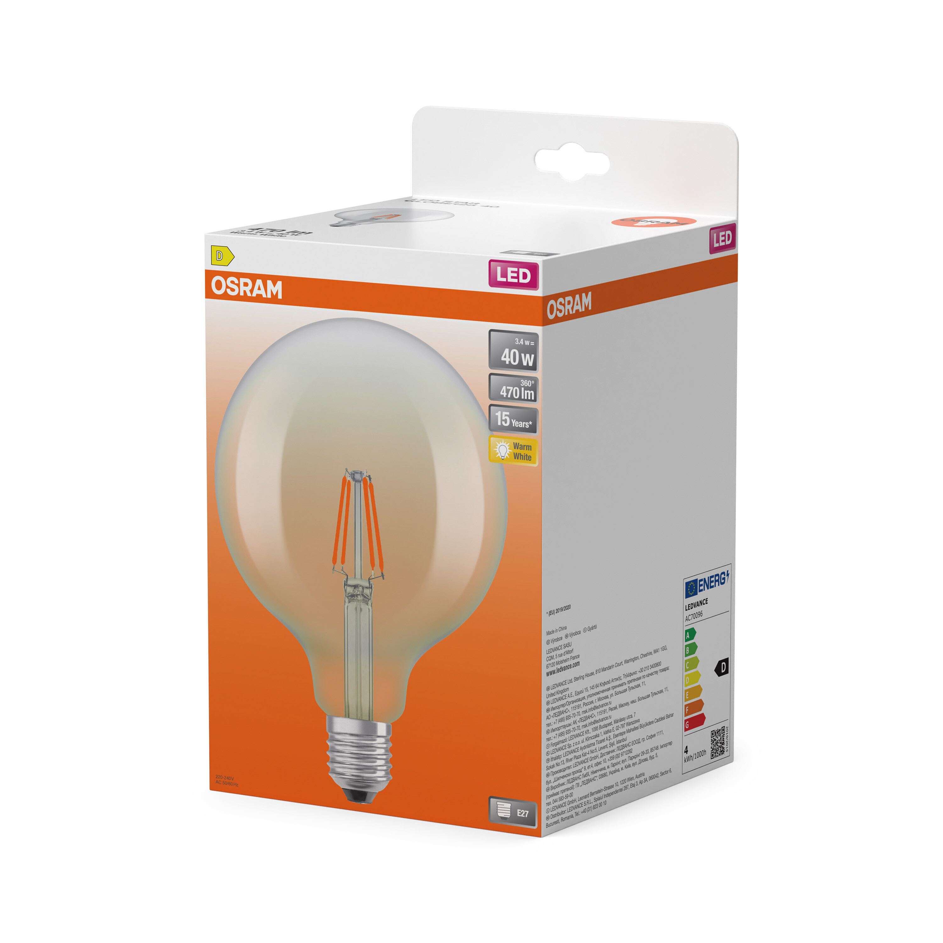OSRAM LED-Glühbirnen-Verpackung mit Glühbirnen-Grafik und Energieetikett.