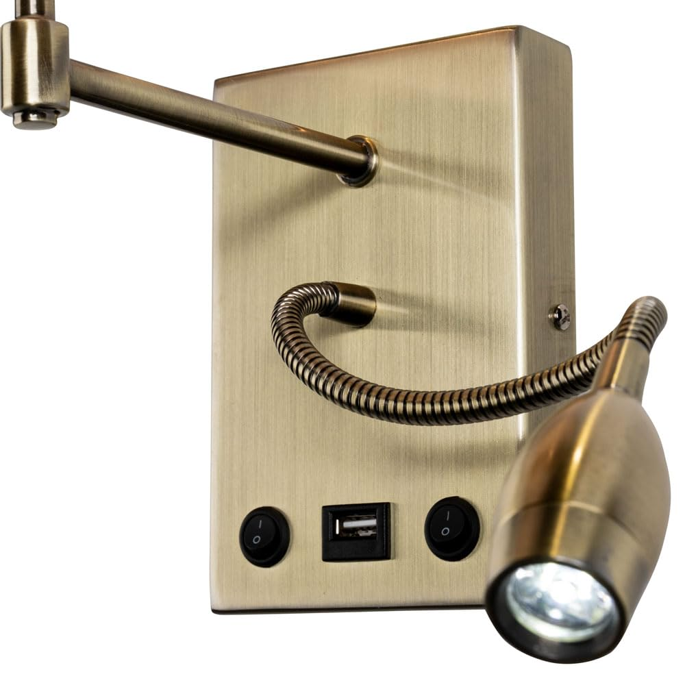 Eine bronzefarbene Wandleuchte mit flexiblem Arm, USB-Anschluss und Schaltern.