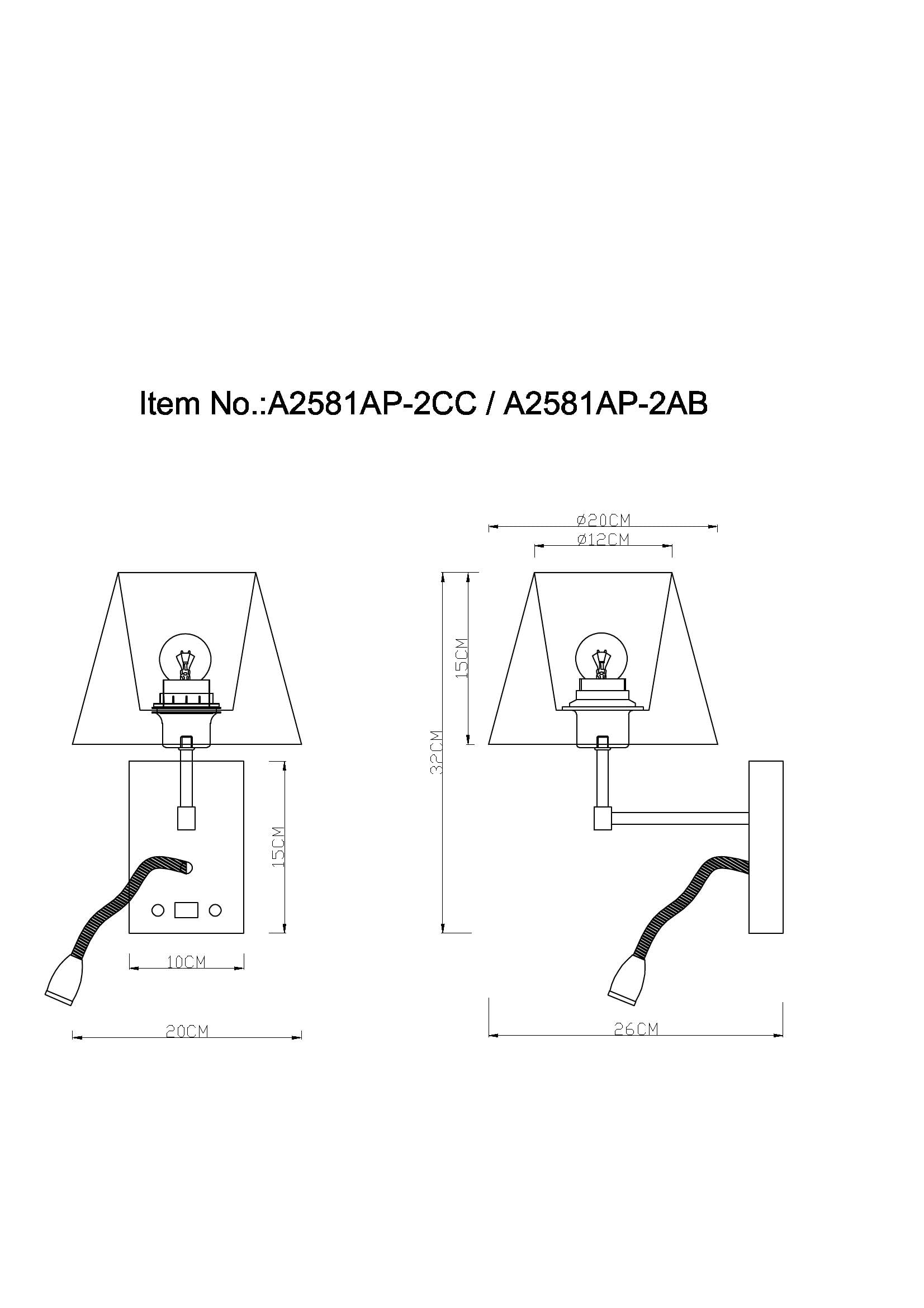 Zwei Wandleuchten-Diagramme mit Maßen. Links eine Leuchte, rechts eine Wandmontage.