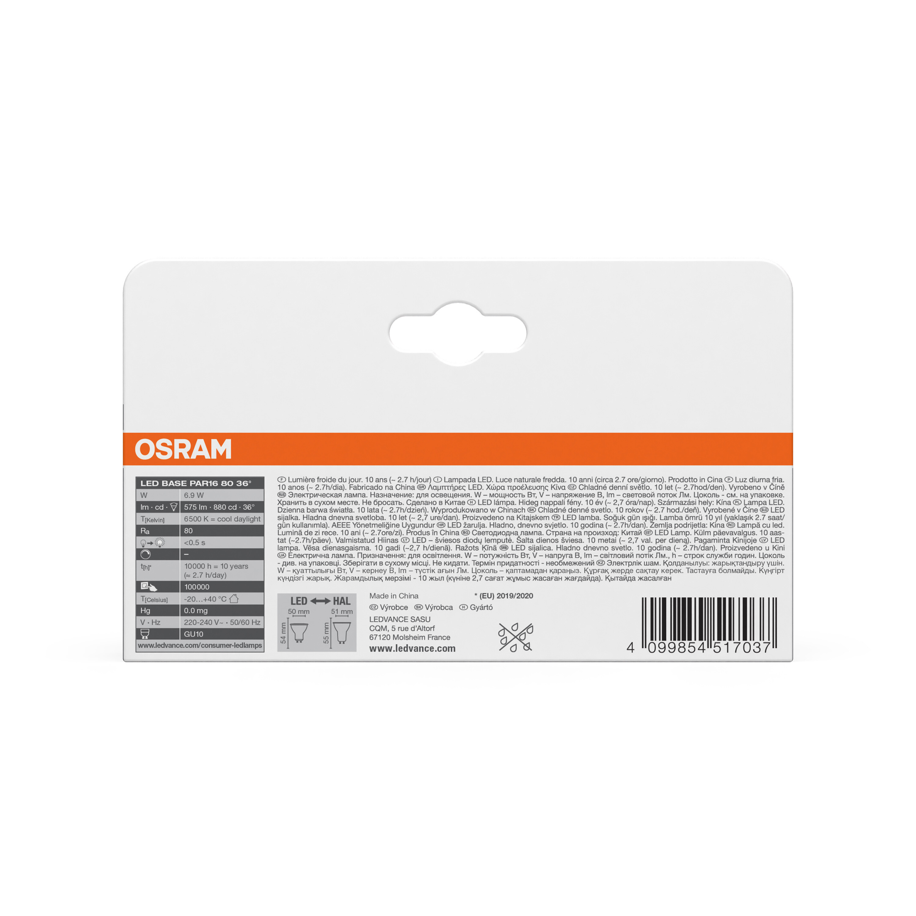 OSRAM LED Lampe mit GU10-Sockel, 6.9W, 575 lm, 6500K, 100.000h Lebensdauer.