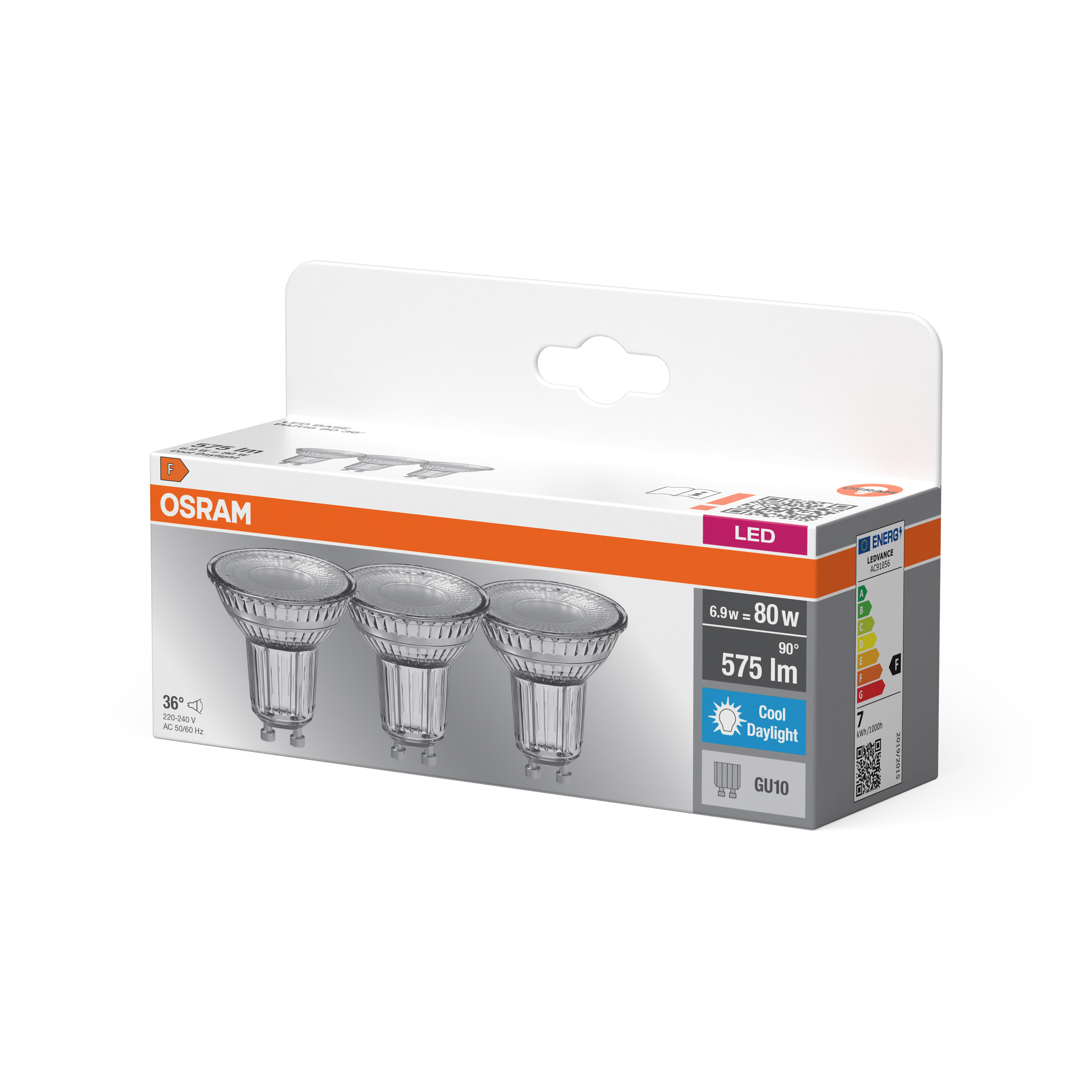 OSRAM LED-Verpackung mit drei GU10-Lampen, Energieeffizienzklasse F.