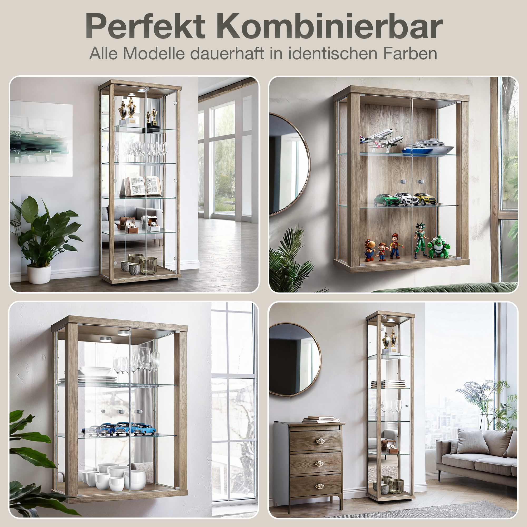 Vier Glasvitrinen mit Holzrahmen, gefüllt mit Dekorationsgegenständen und Modellen.