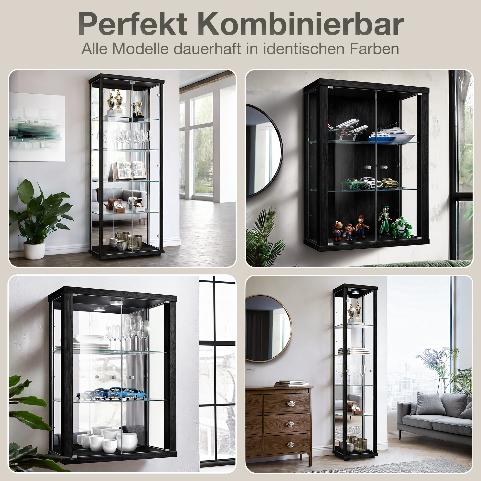 Vier Vitrinen mit verschiedenen Ausstellungsstücken, darunter Modelle und Gläser.
