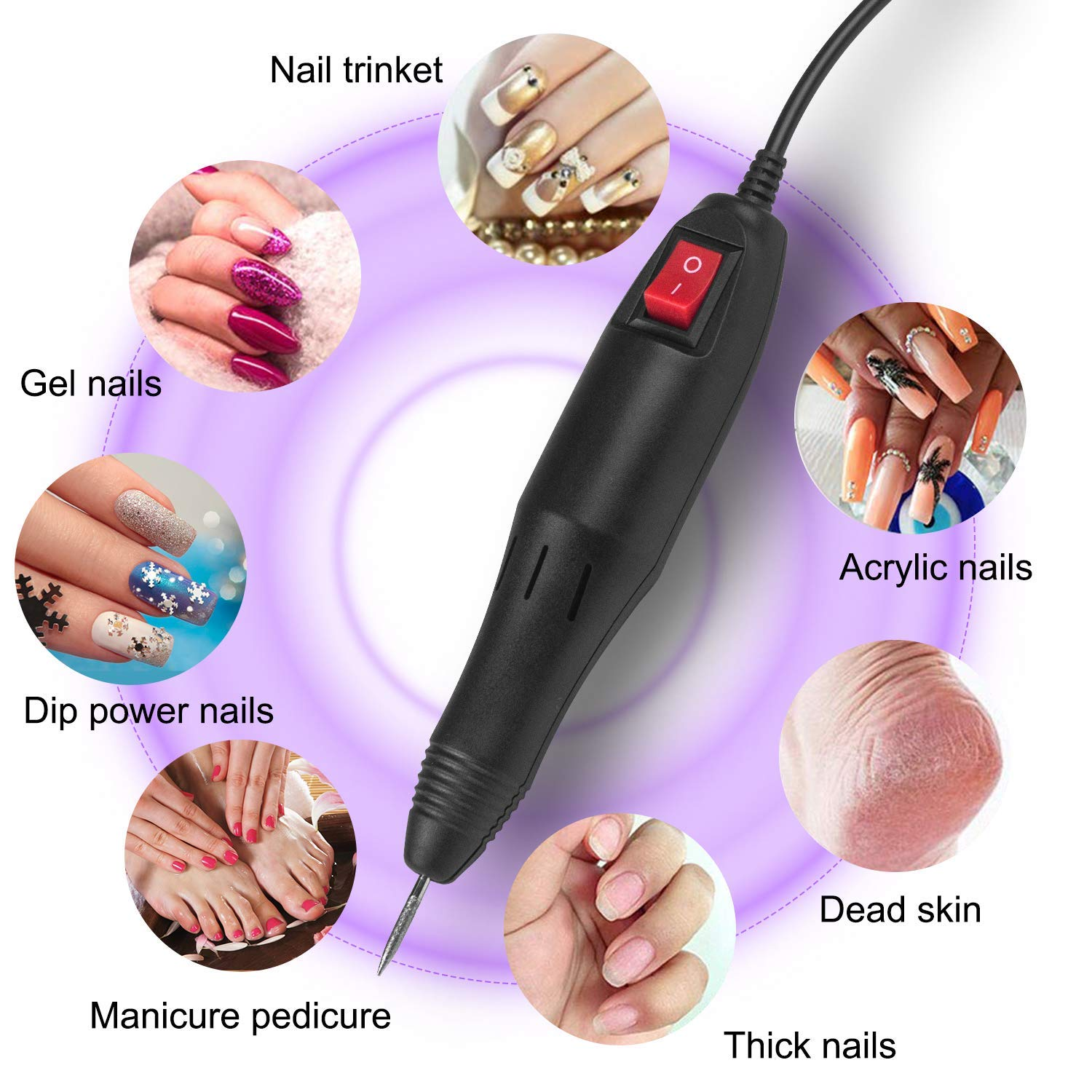 Nagelfräser mit Bildern von Gelnägeln, Dip-Pulvernägeln, Maniküren, Pediküren, Nagelverzierungen, Acrylnägeln, dicken Nägeln und toter Haut.
