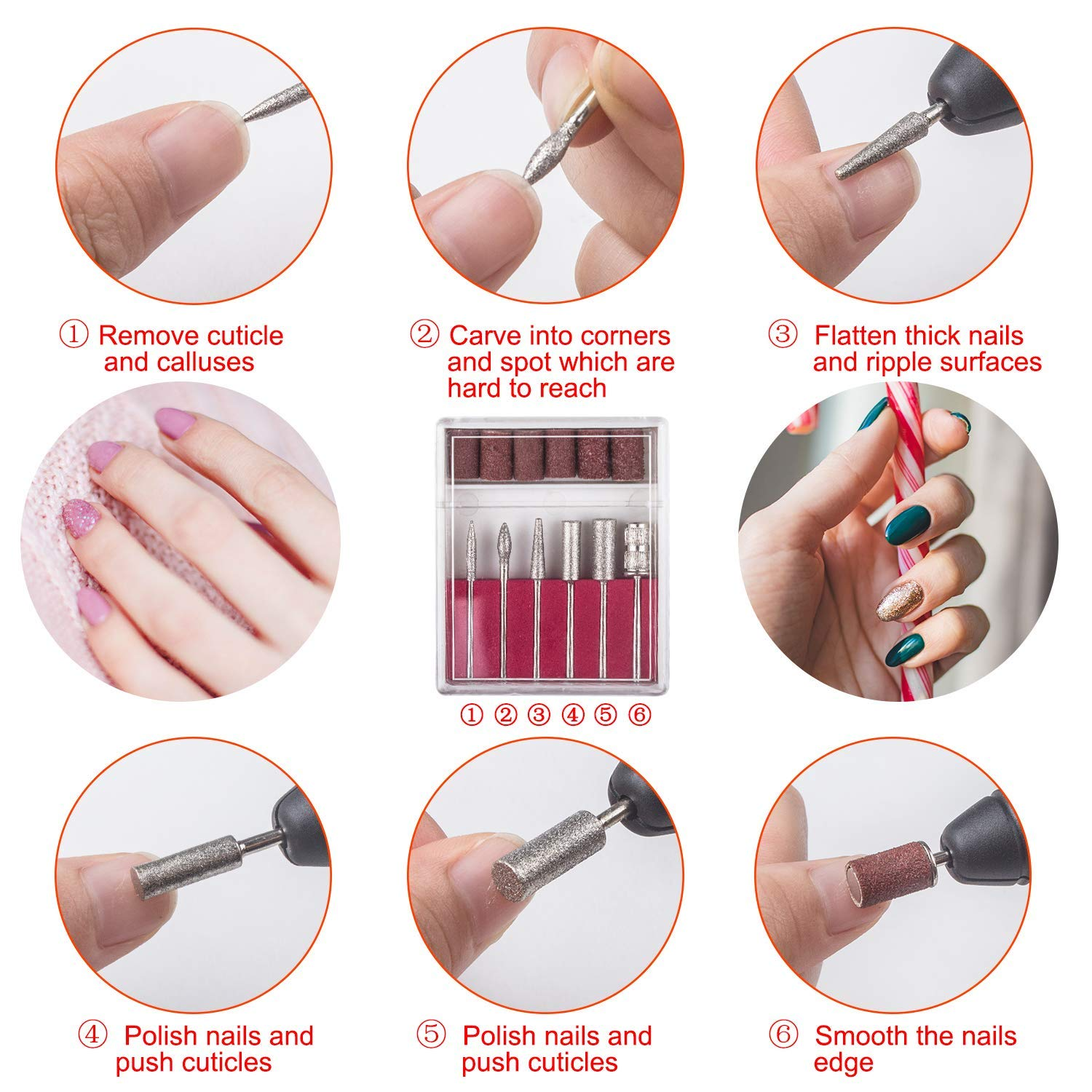 Maniküre-Schritt-Anleitung: Nagelhaut entfernen, Ecken schnitzen, Nägel glätten, polieren und Kanten glätten.