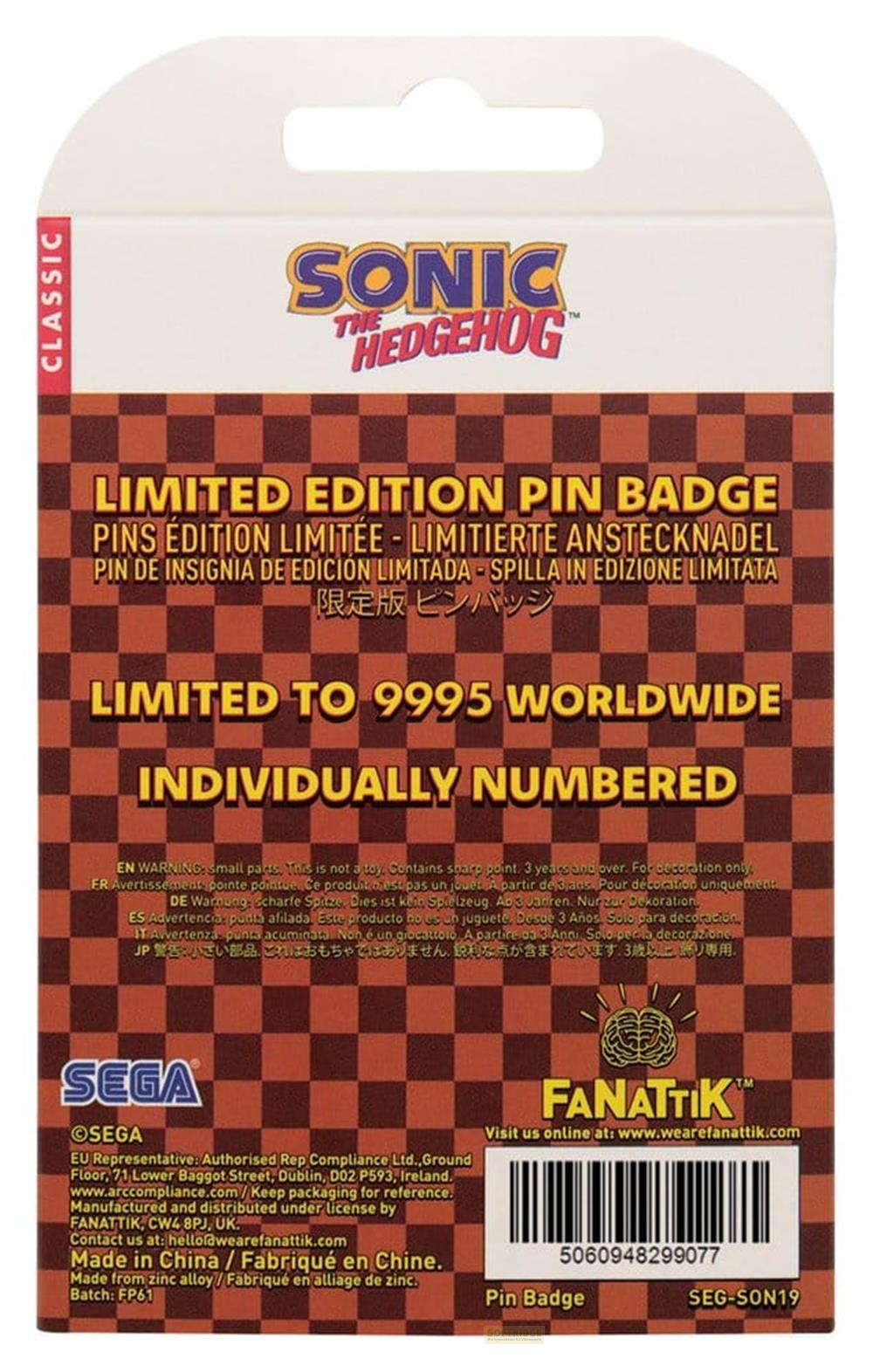 Embalaje con logo de Sonic the Hedgehog, insignia edición limitada.
