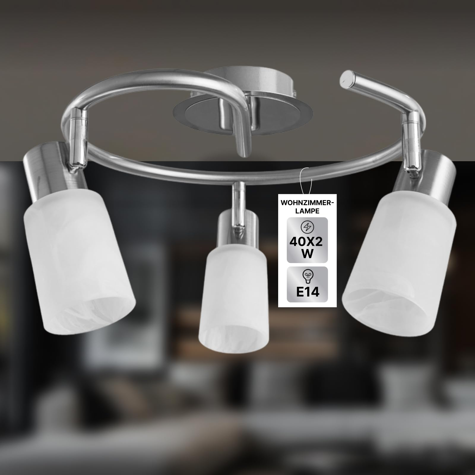 Deckenleuchte mit drei milchigen Glaszylindern an einem silbernen Metallrahmen.