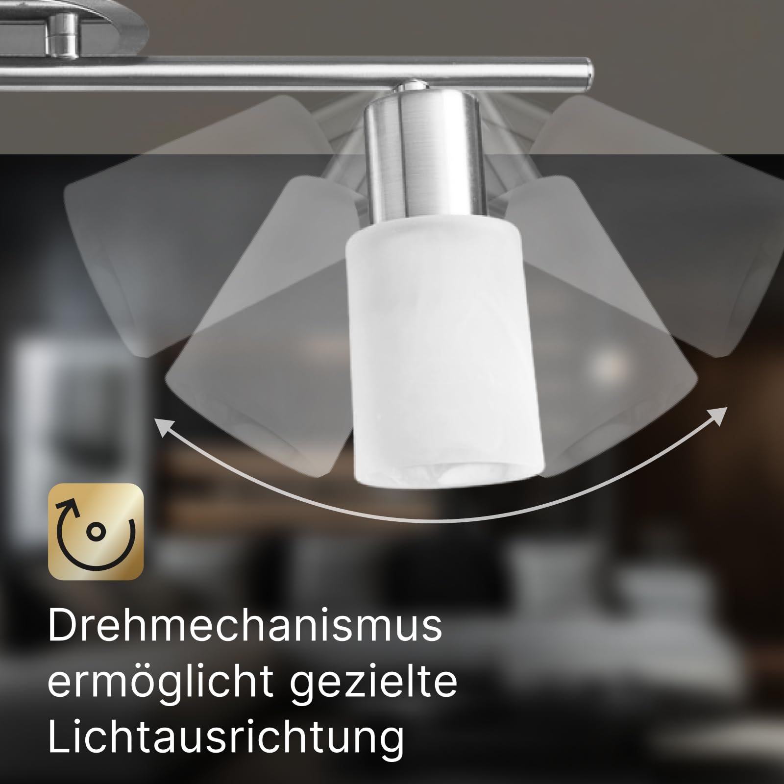 Schwenkbarer Lampenkopf mit silbernem Gehäuse und weißem Lampenschirm.