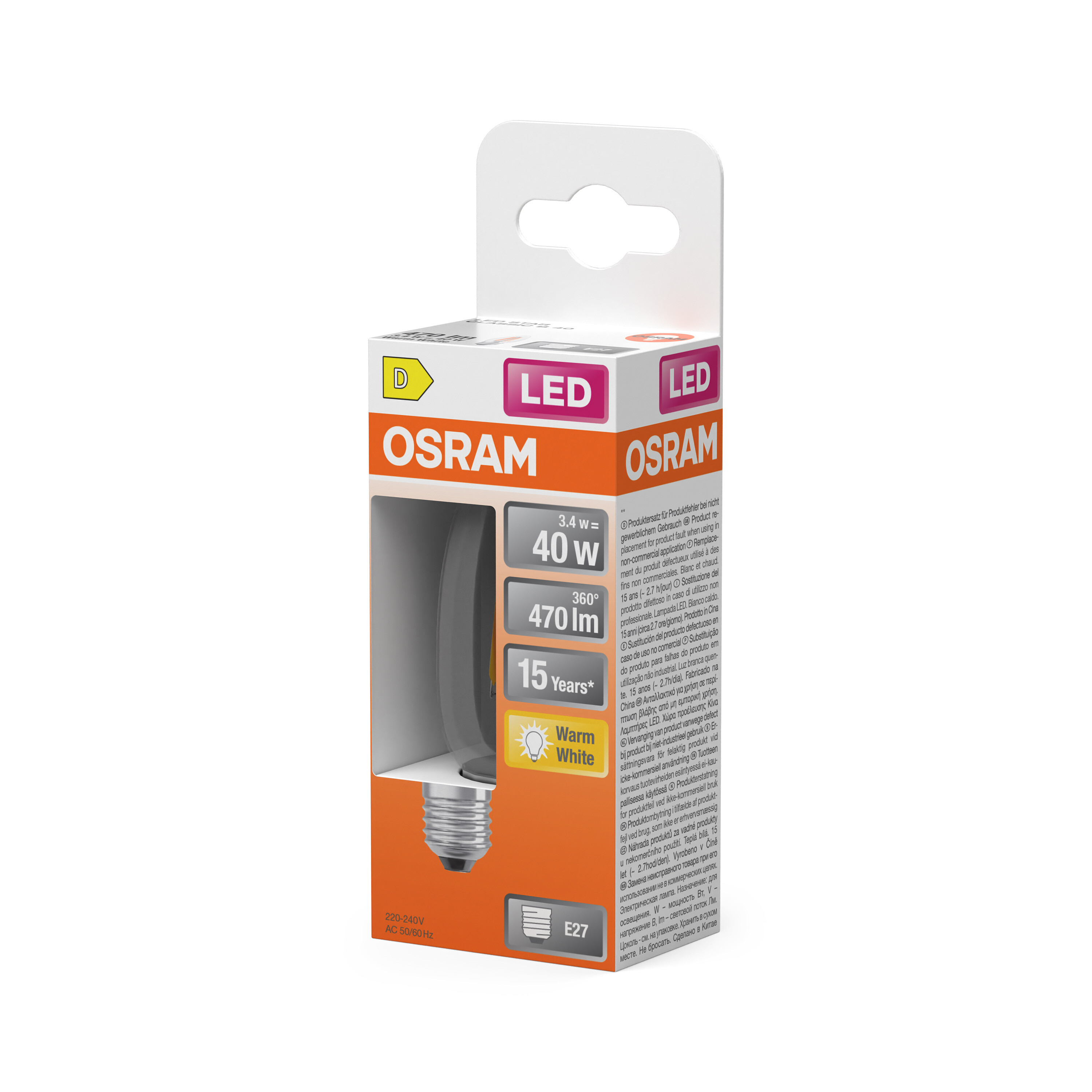 Osram LED-Lampe, 40W, 470lm, 360 Grad, 15 Jahre, Warmweiß, E27
