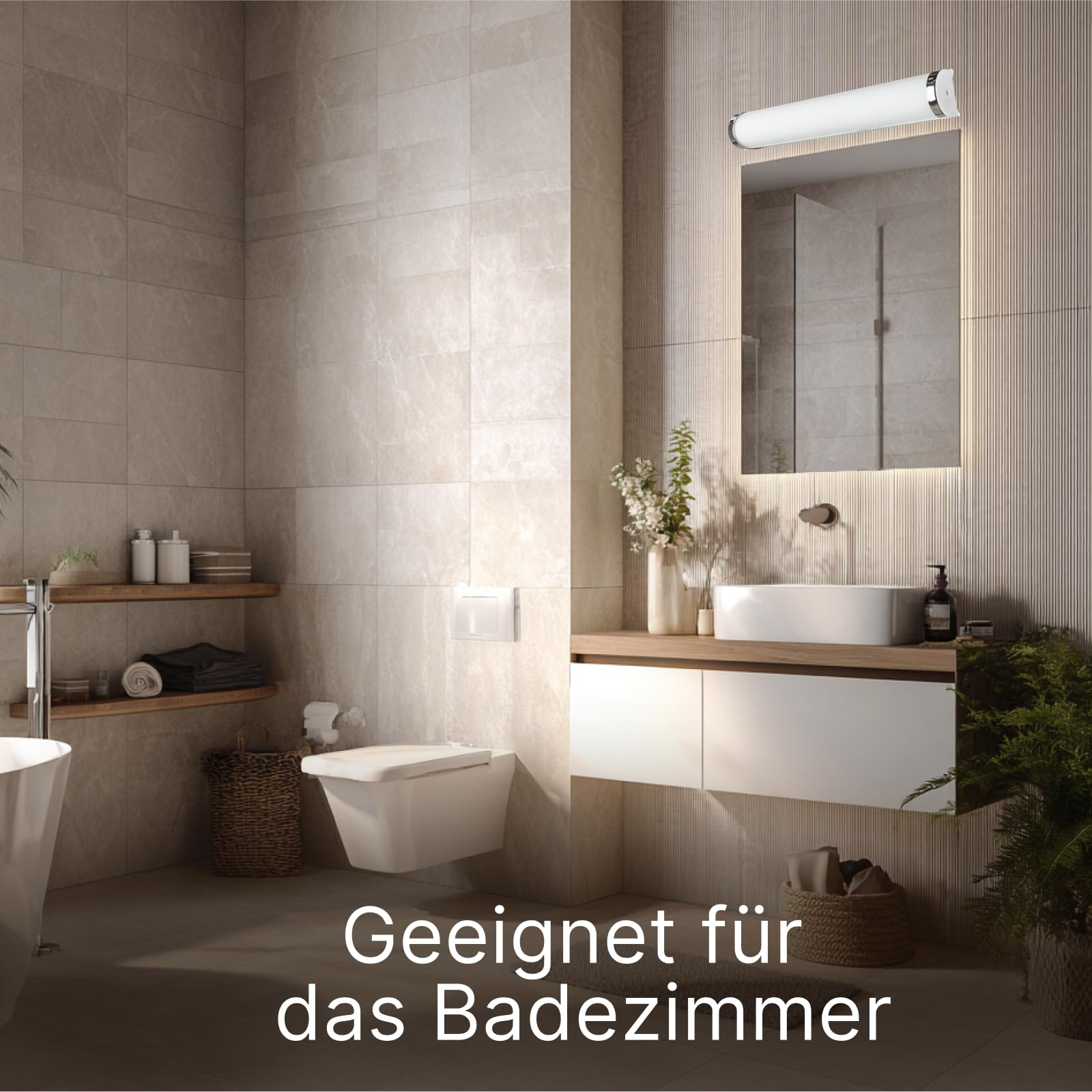Ein modernes Badezimmer mit Toilette, Waschbecken, Spiegel und Pflanzen.