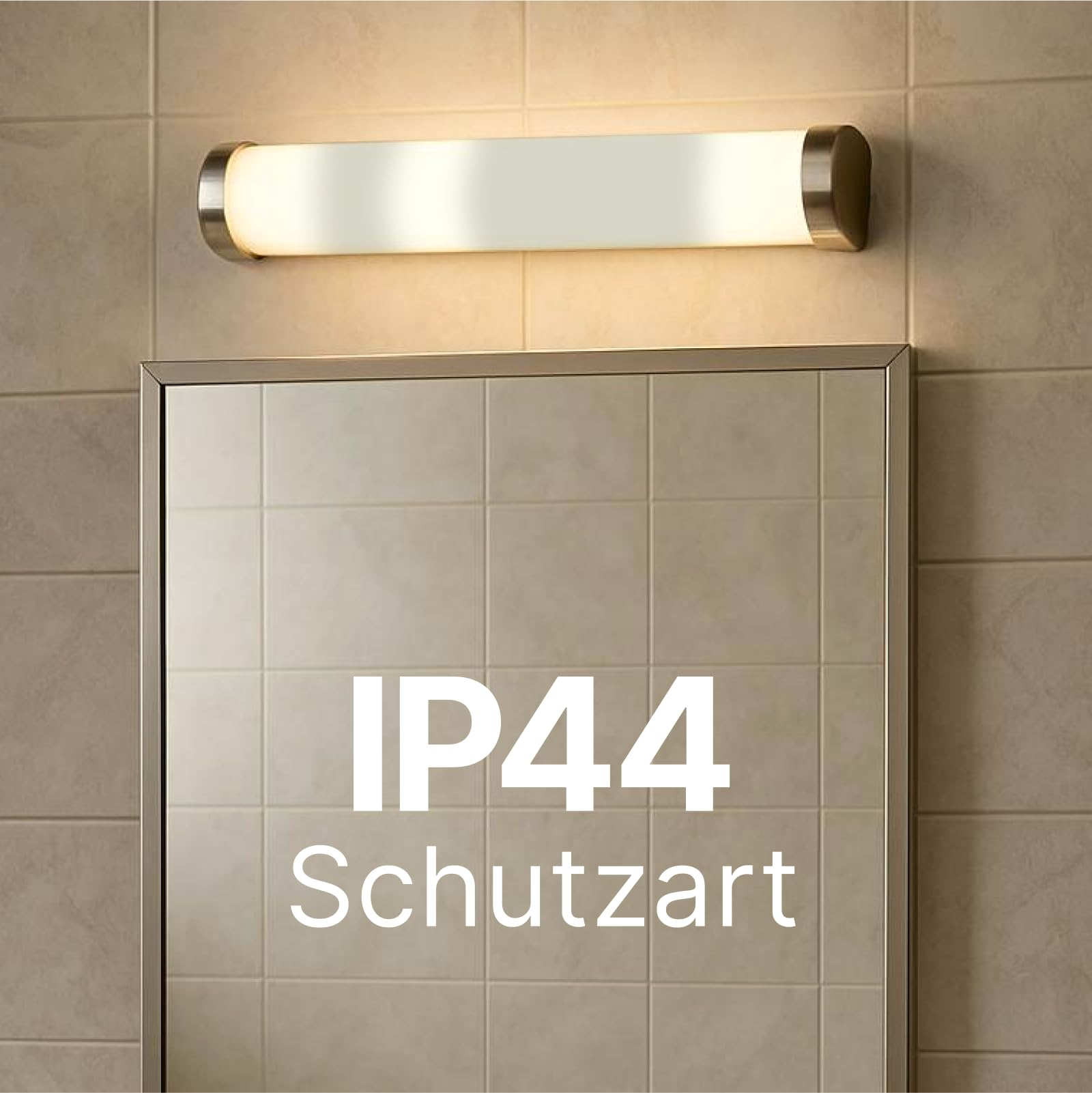 Badezimmerspiegel mit IP44-Schutzart-Aufschrift und Leuchte.