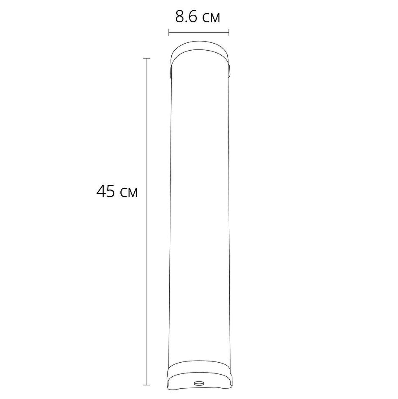 Eine schematische Darstellung einer Leuchte, 45 cm lang und 8,6 cm breit.