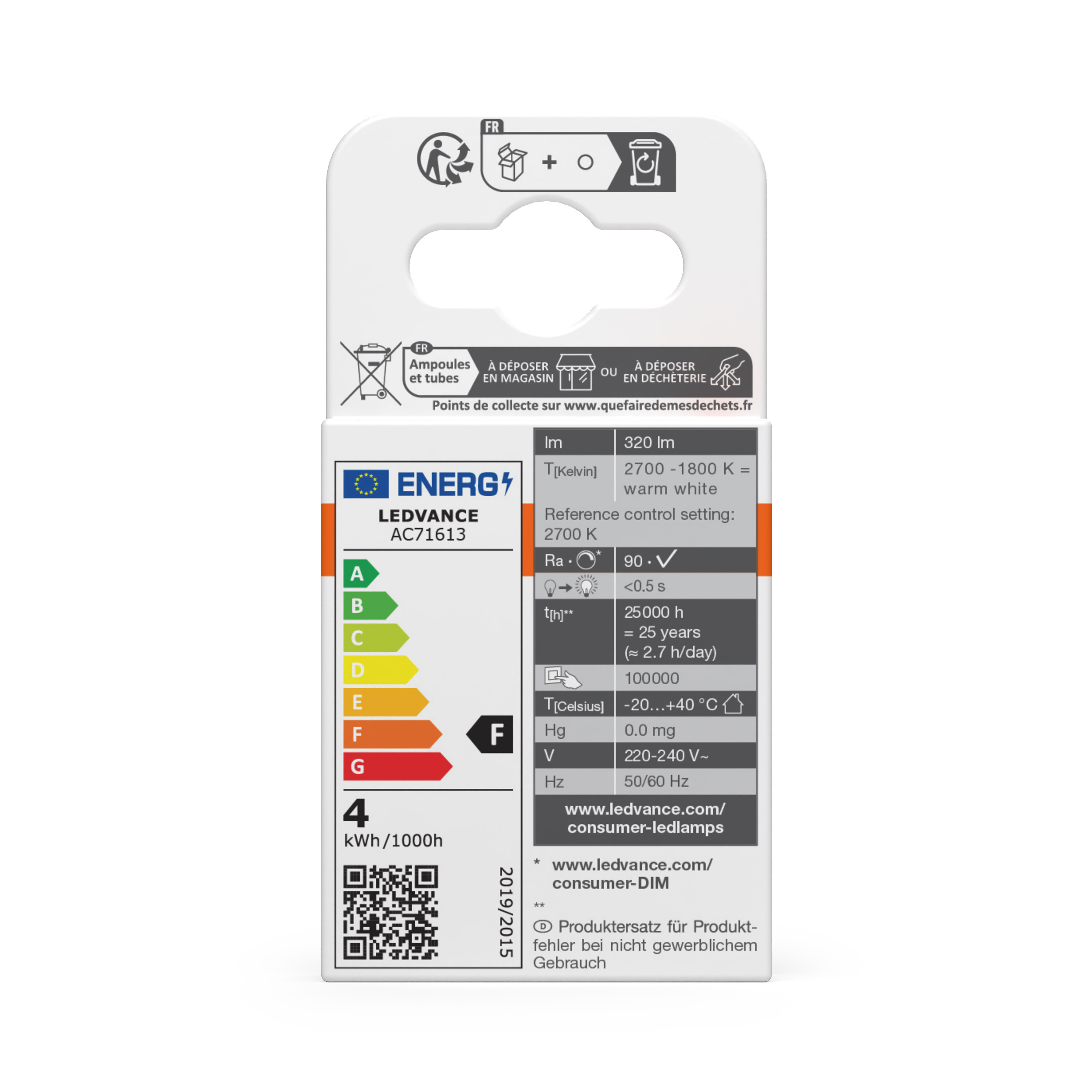 Energielabel für LEDVANCE AC71613 Lampe mit Spezifikationen und QR-Code.