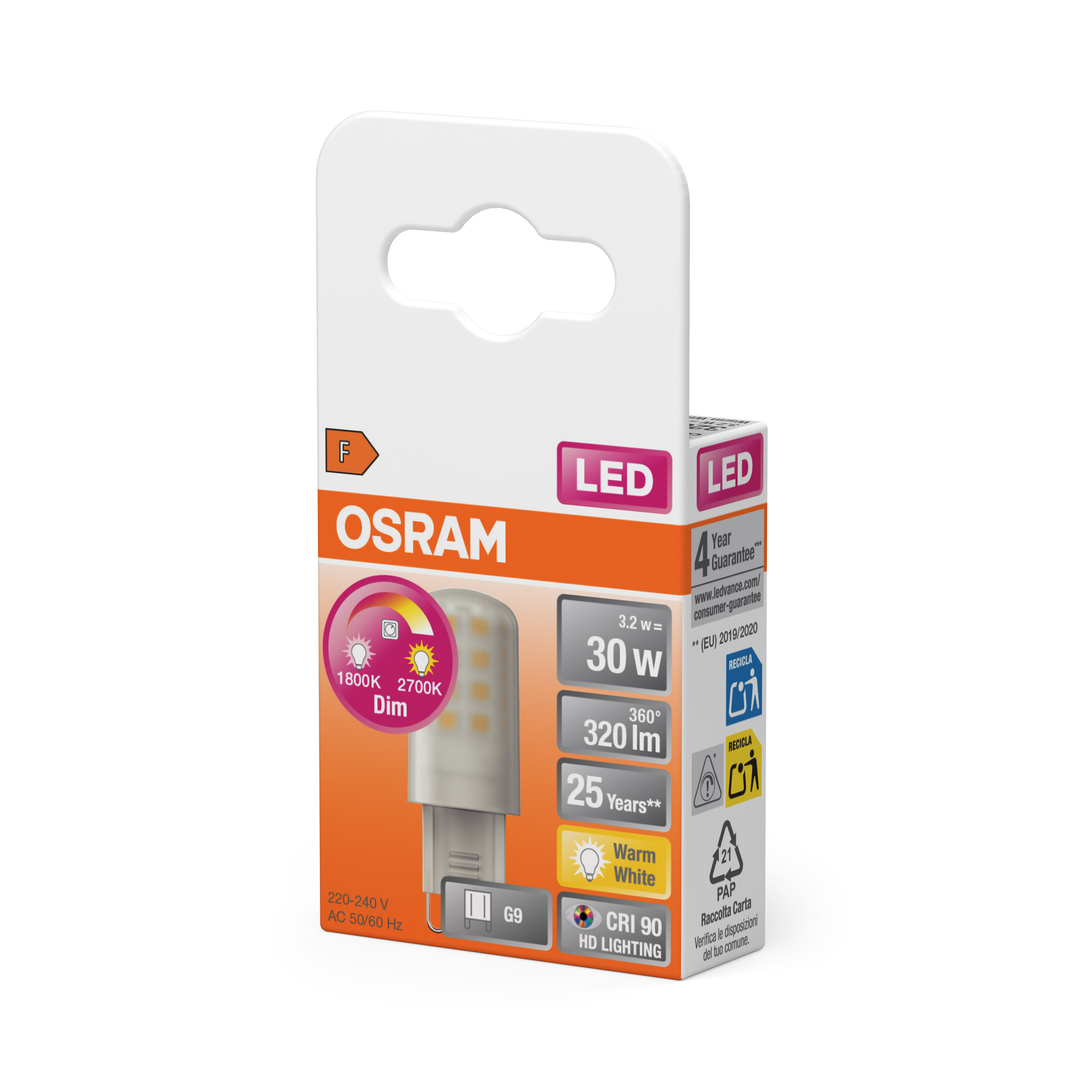 Osram LED-Lampenverpackung mit Energieetikett F, 30W, 320lm, G9-Sockel, warmweiß.