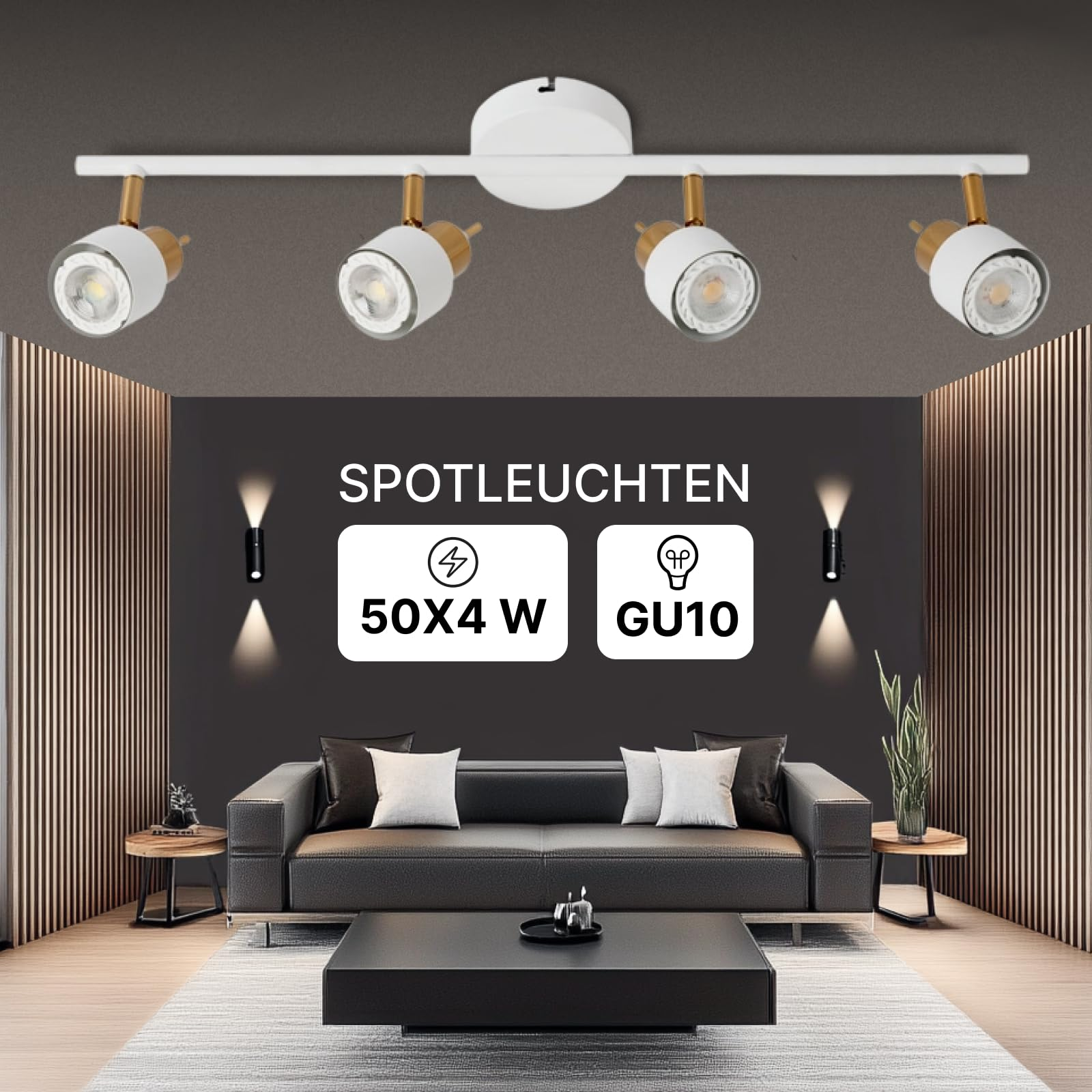 Ein moderner Wohnraum mit einem schwarzen Sofa, Couchtisch und einem weißen Deckenstrahler.