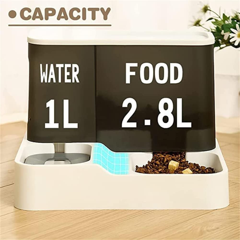 Ein automatischer Futter- und Wasserspender für Haustiere mit 1L Wasser und 2,8L Futterkapazität.