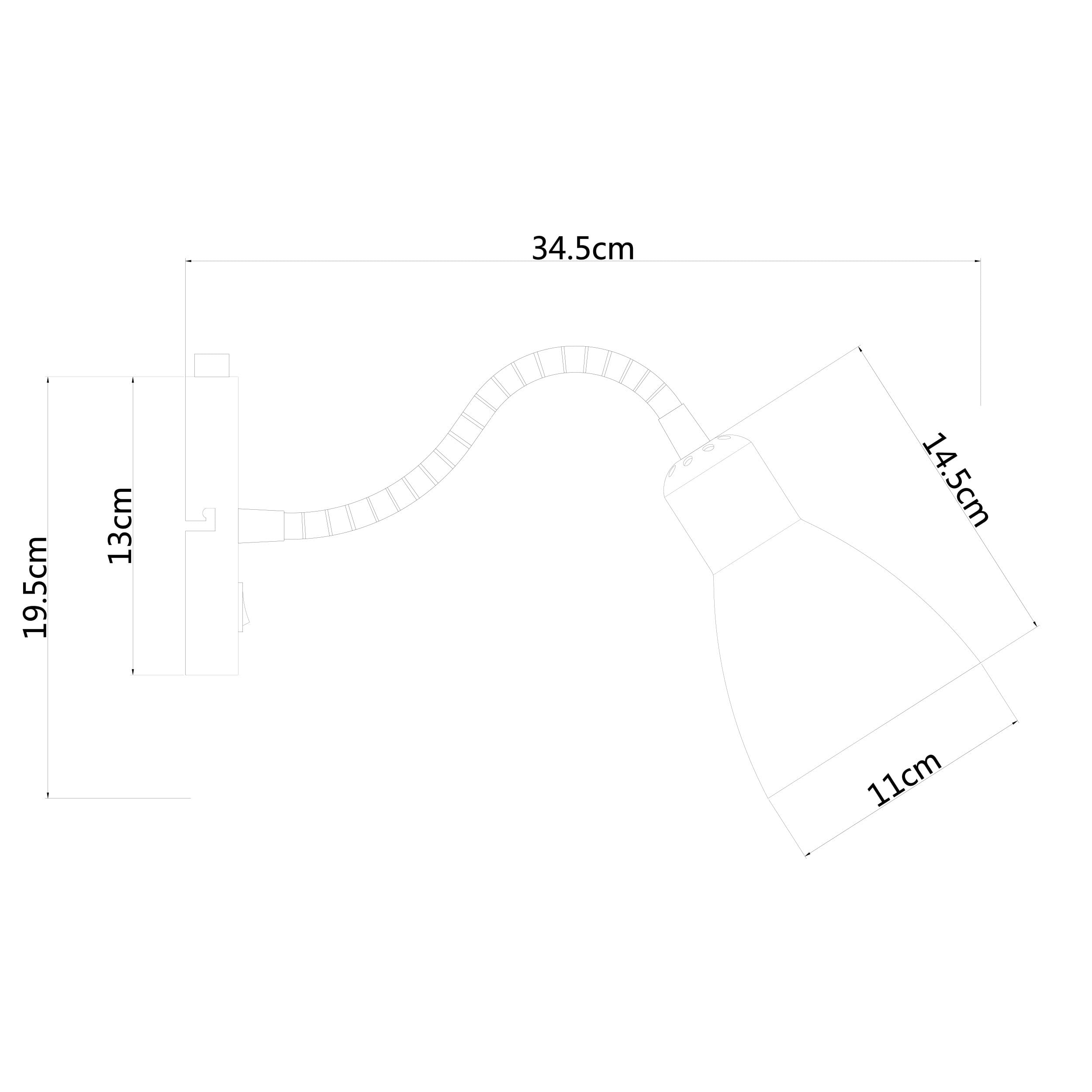 Technische Zeichnung einer Schreibtischlampe mit Maßen: 34,5cm Länge, 19,5cm Höhe, 13cm Breite.