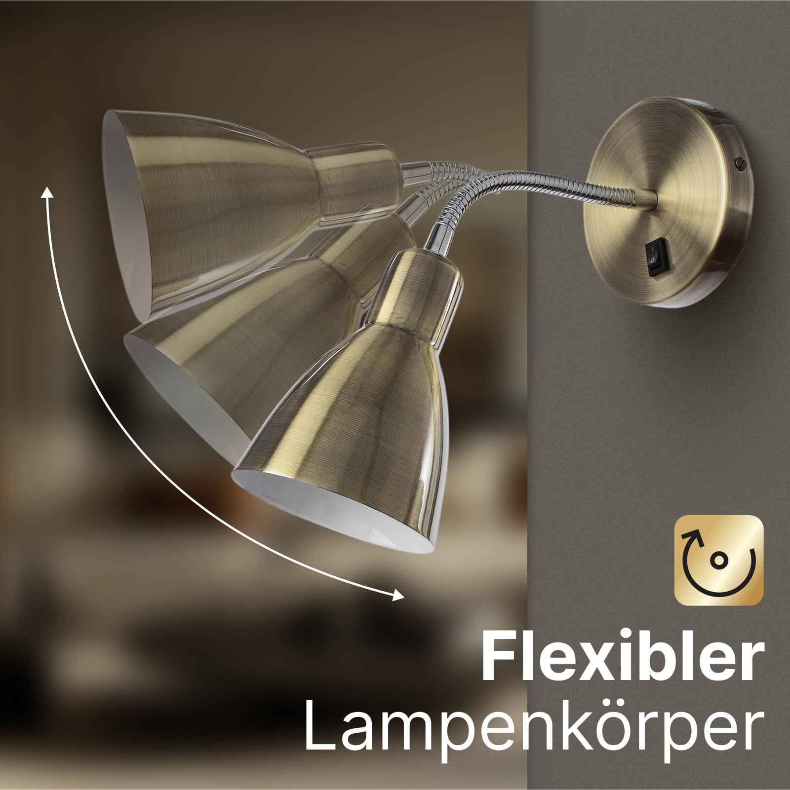 Messingfarbene Wandleuchte mit schwenkbarem Schirm und Schalter.