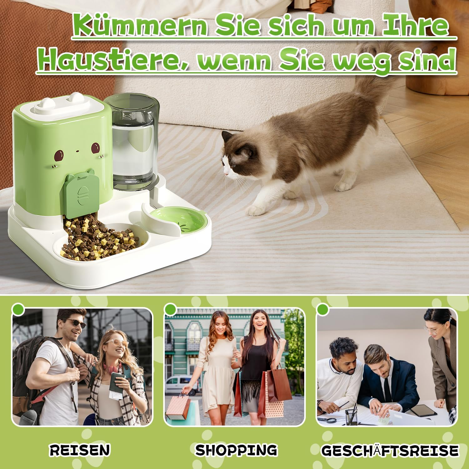 Katze frisst aus grünem Automaten, unten Bilder von Reisen, Shopping, Geschäftsreisen.