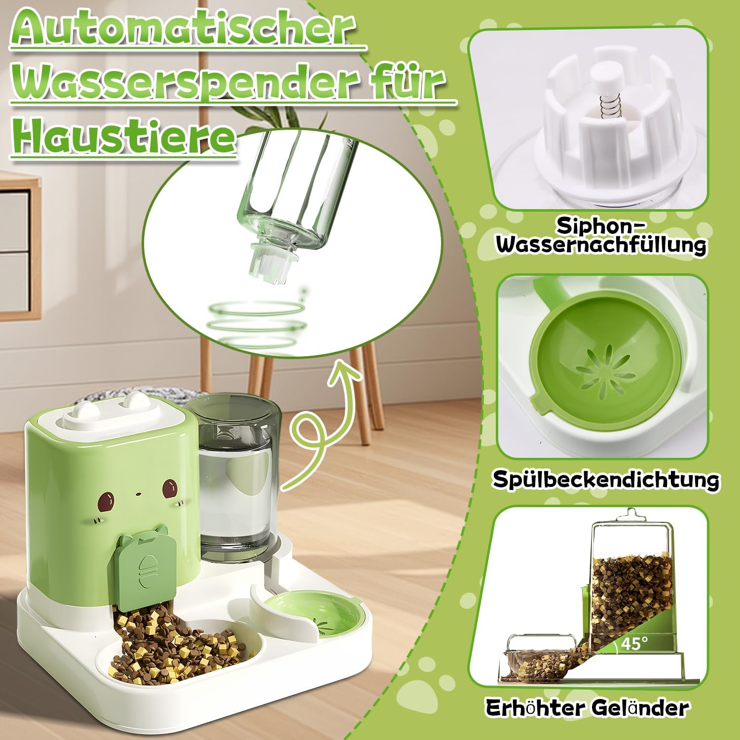 Grüner automatischer Futterspender für Haustiere mit Wassertank und Futterrutsche.