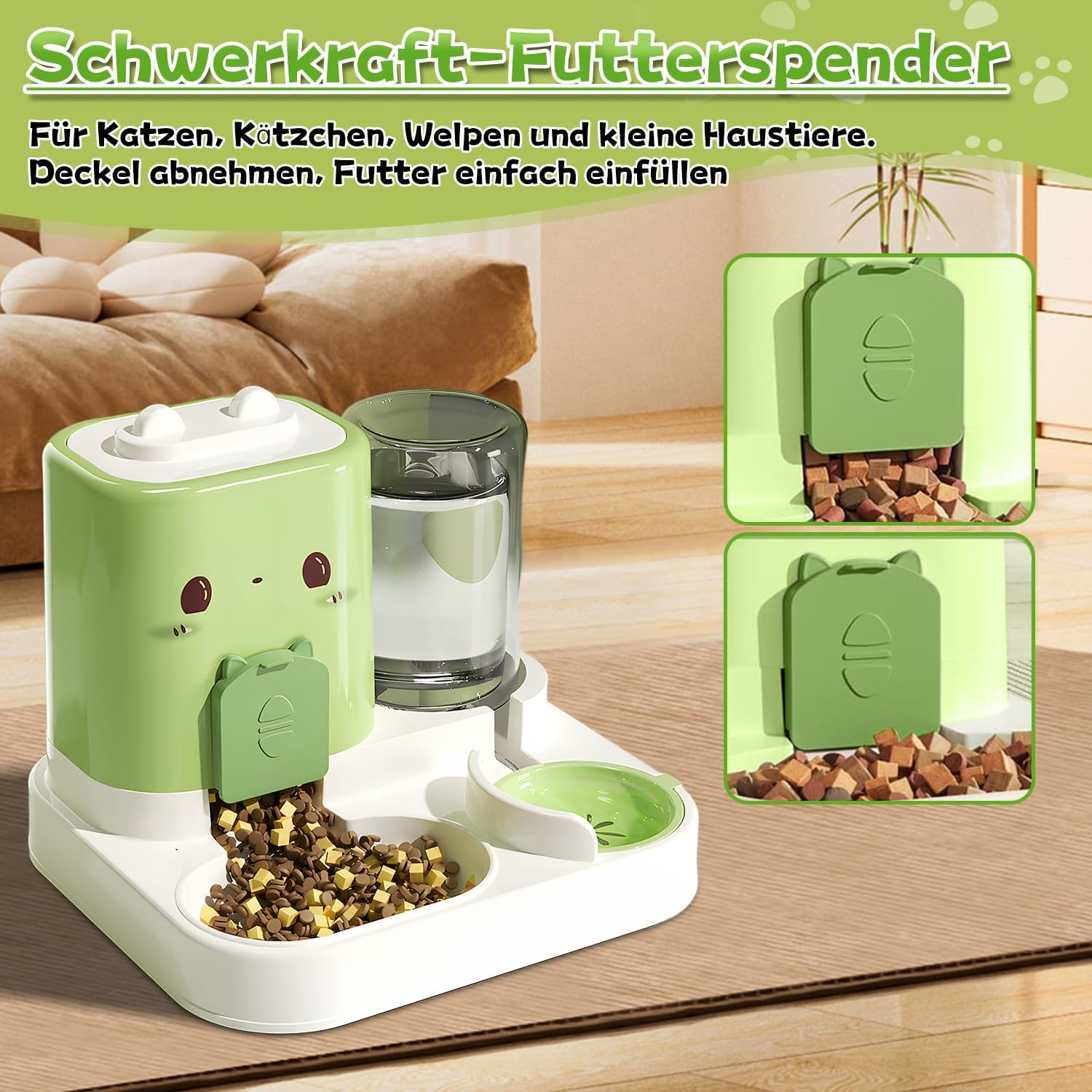 Ein grüner Futterspender für Haustiere mit Futter im Napf und zwei Detailansichten.