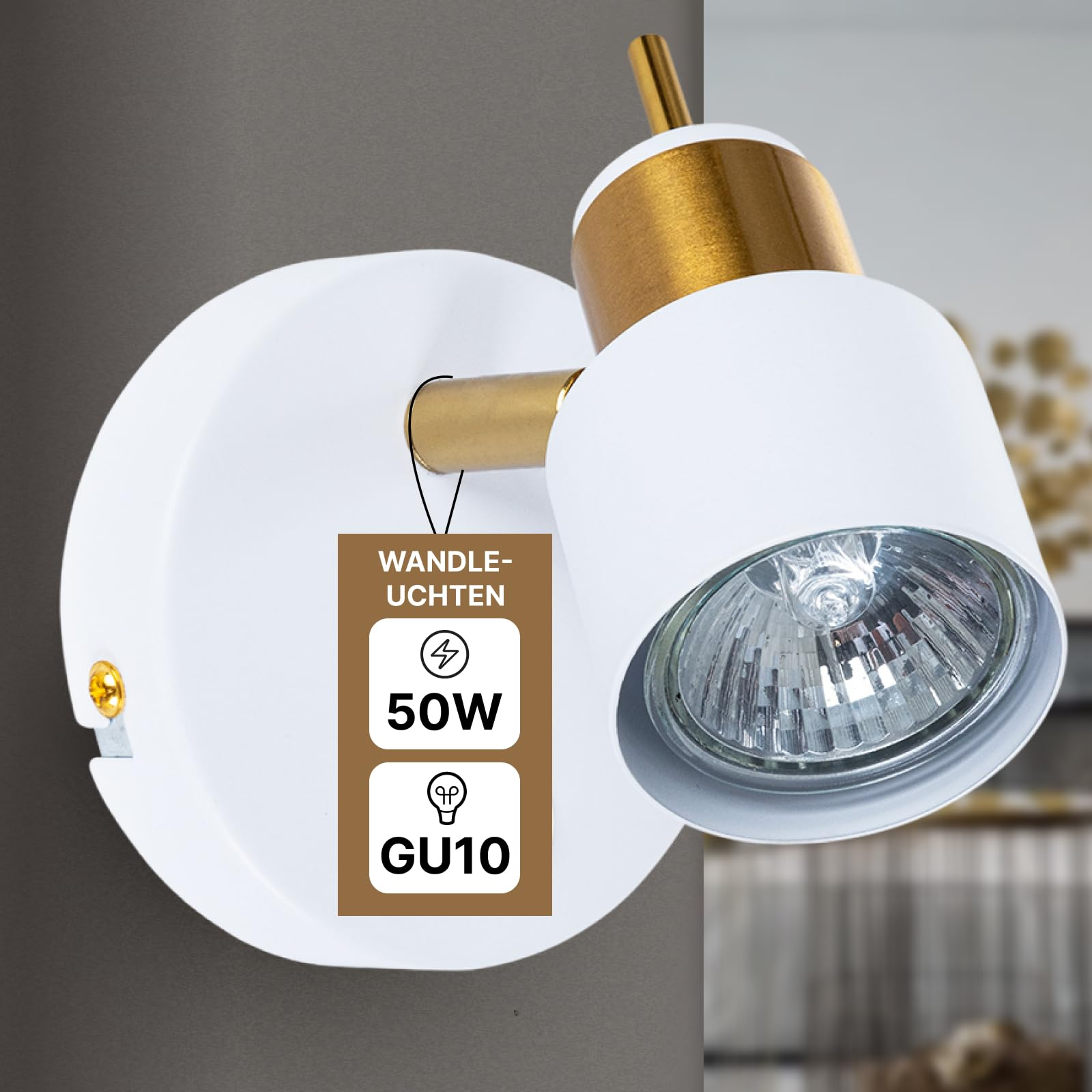 Weiße Wandleuchte mit goldenen Akzenten, 50W, GU10 Fassung.