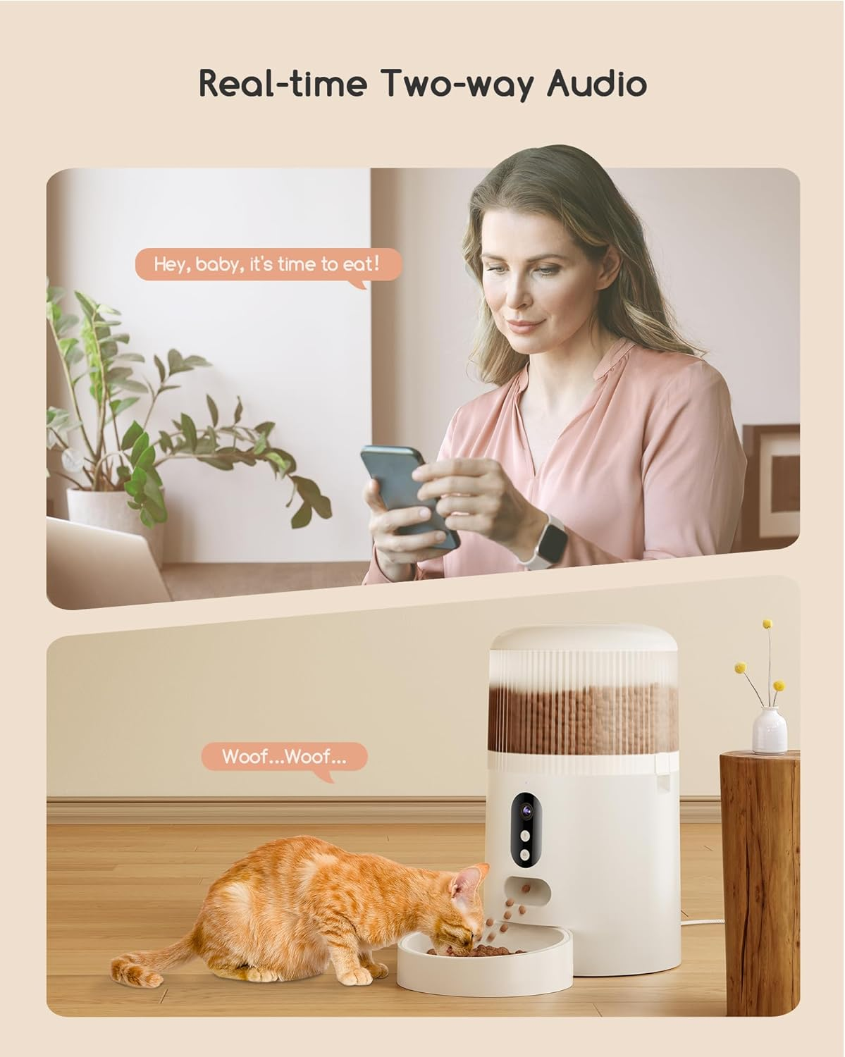 Frau mit Handy spricht, Katze frisst aus Futterautomat.