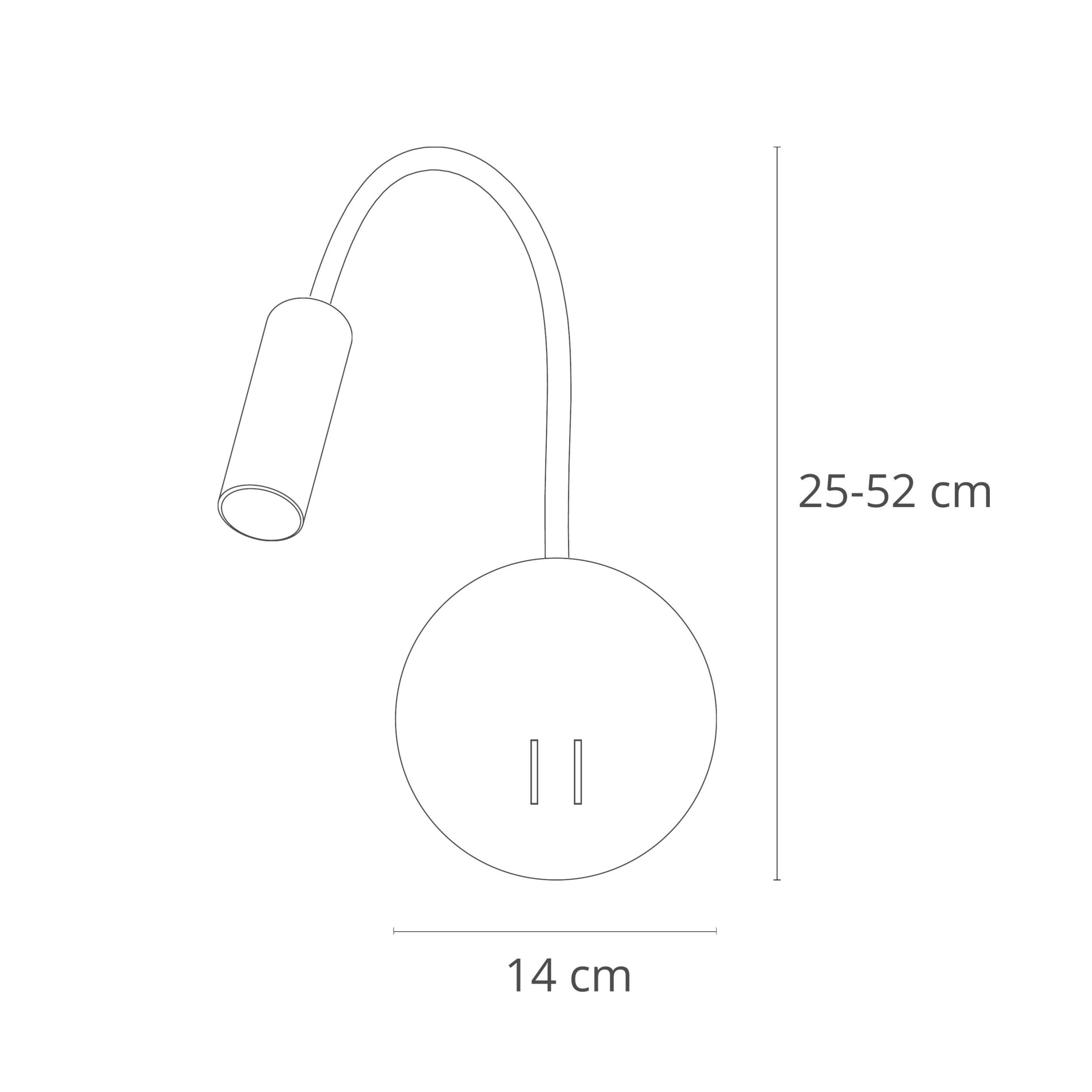 Skizze einer Wandleuchte mit Maßen: 25-52 cm Höhe, 14 cm Breite.