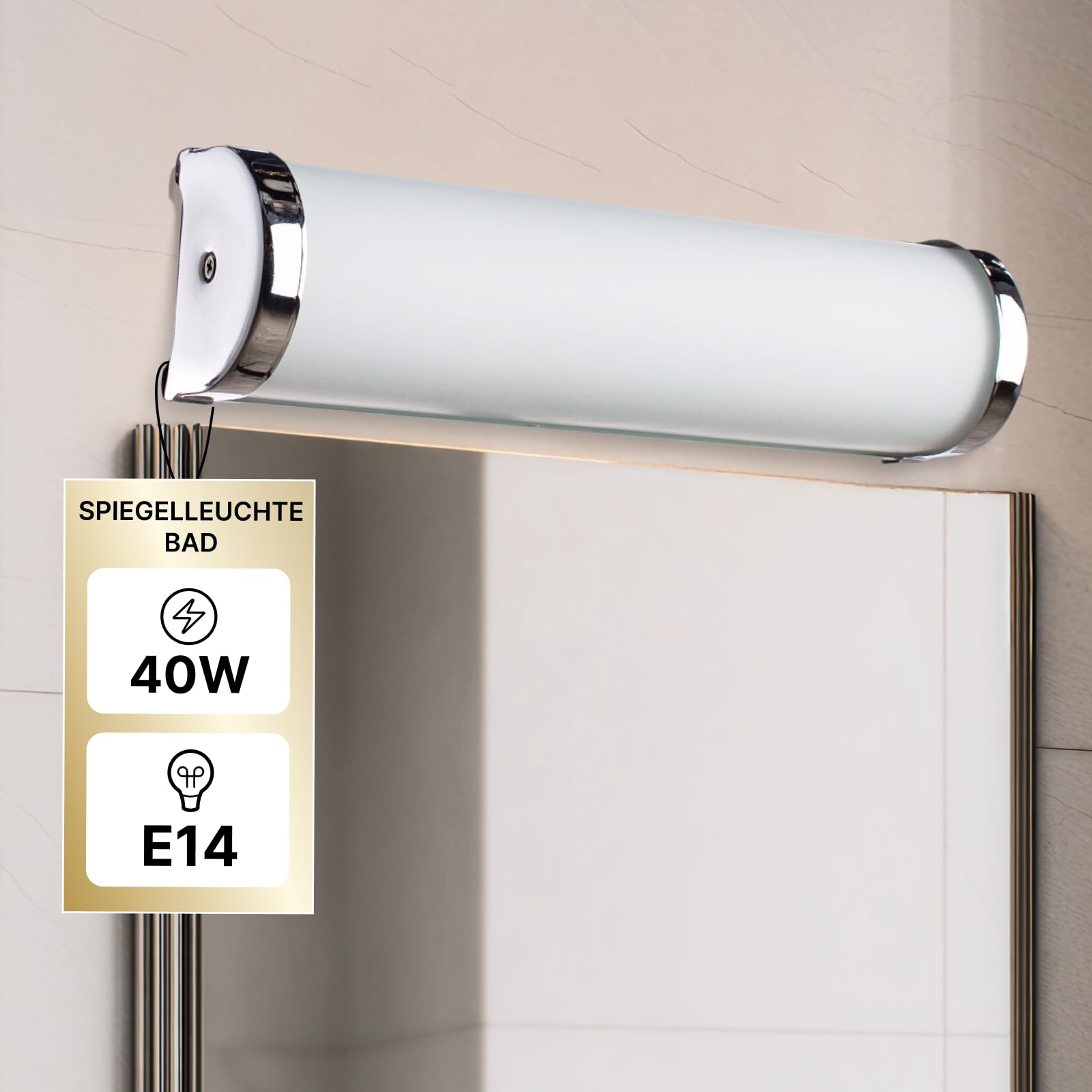 Badezimmerspiegel-Lampe mit Chromdetails, 40W, E14 Fassung.