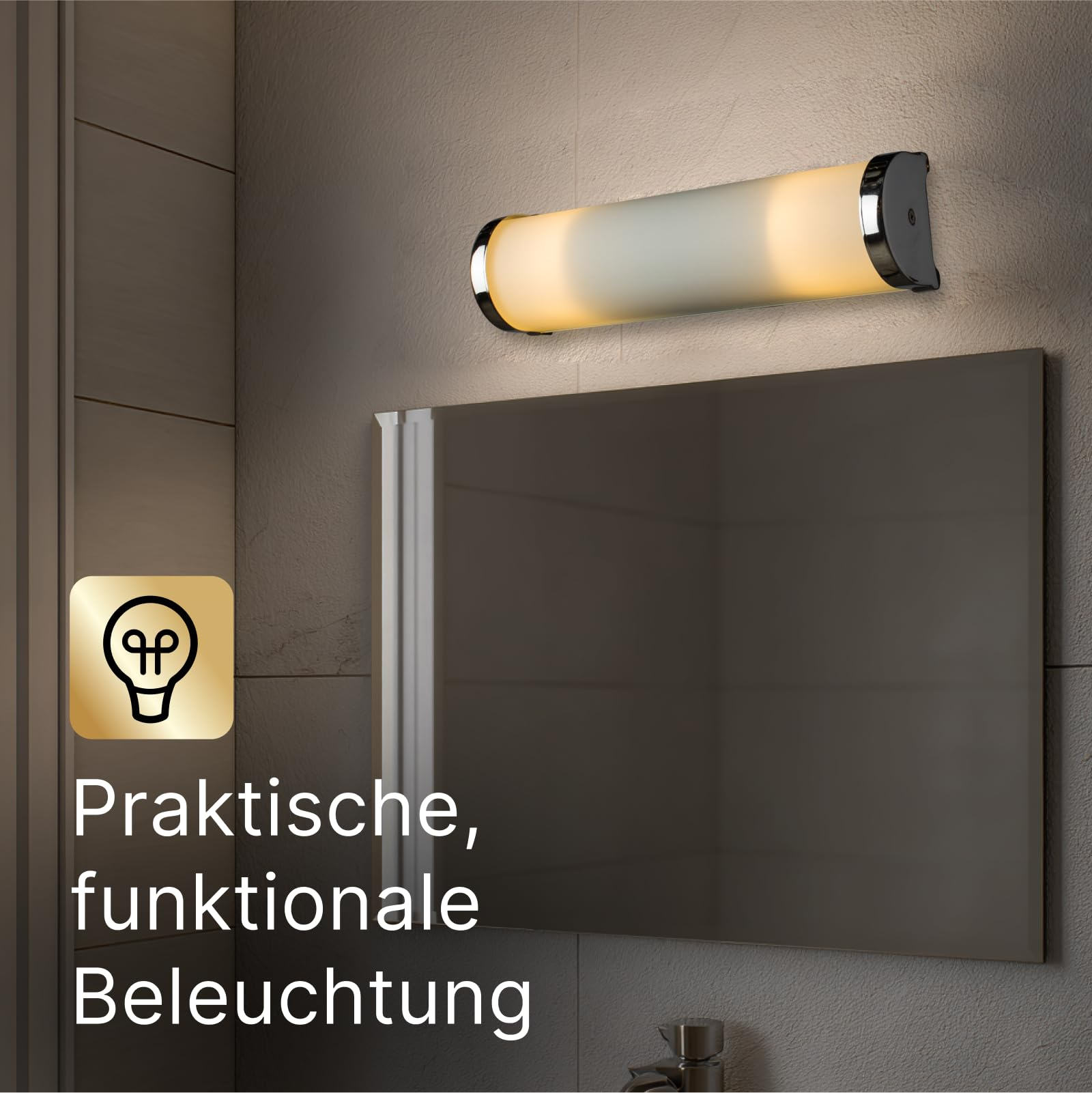 Eine moderne Badbeleuchtung mit einem langen, zylindrischen Lichtelement über einem Spiegel.