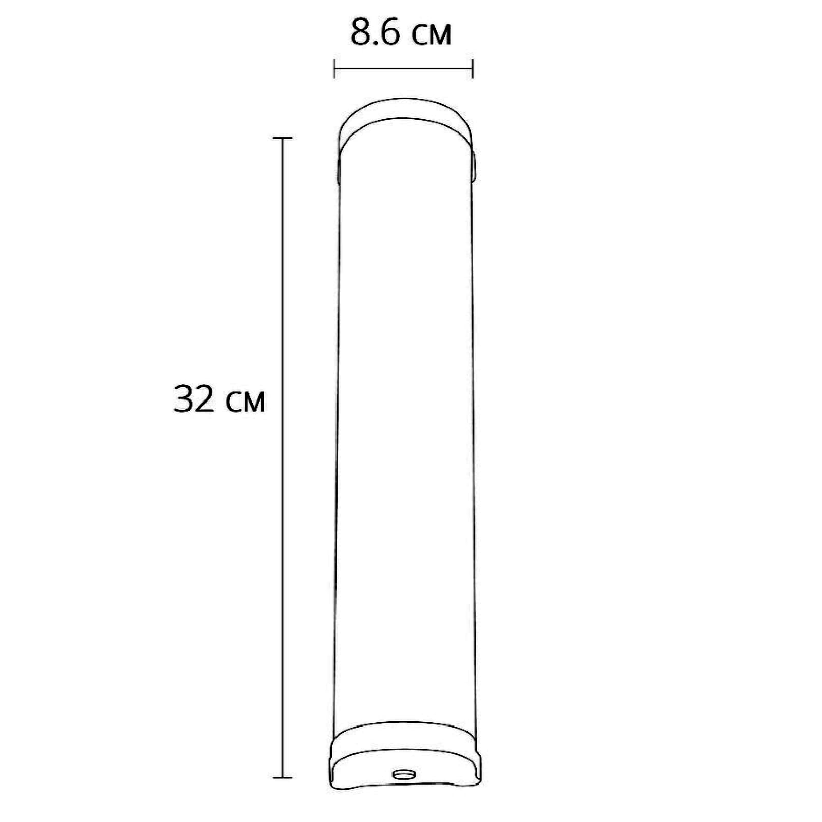 Eine schematische Zeichnung eines zylindrischen Objekts, 32 cm lang und 8,6 cm breit.