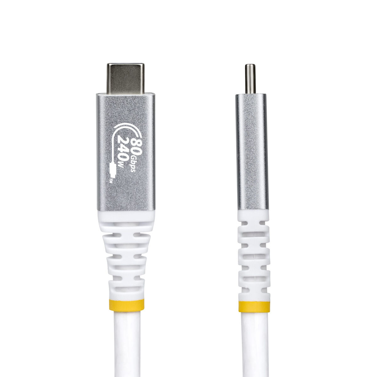 Ein USB-C-Stecker und ein runder Stecker an weißen Kabeln mit silbernen Akzenten.