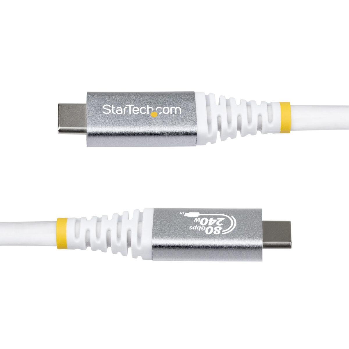 Zwei weiße USB-C-Kabel mit silbernen Anschlüssen und gelben Ringen.