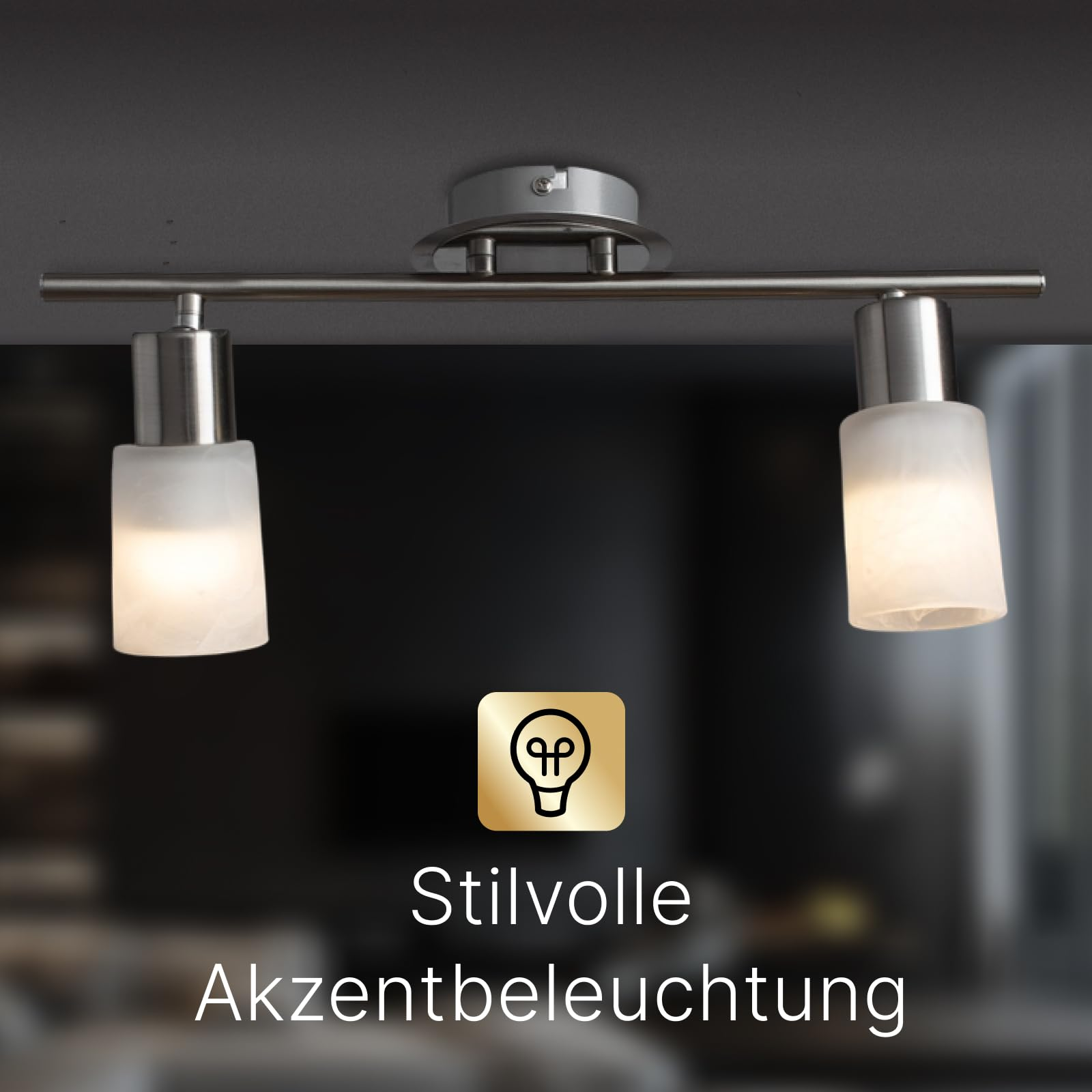 Zwei moderne Deckenleuchten mit milchig-weißen Schirmen und Metallfassung.
