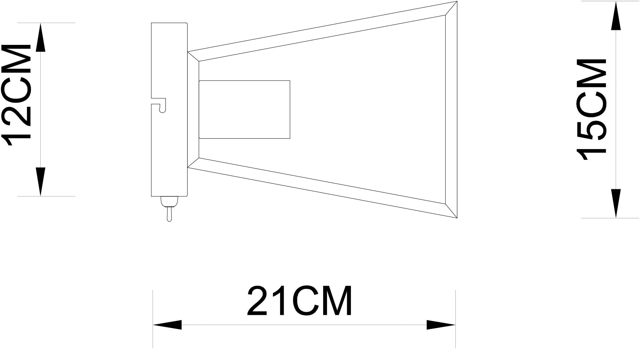 Technische Zeichnung: Rechteckige Lampe, 12x15x21cm.