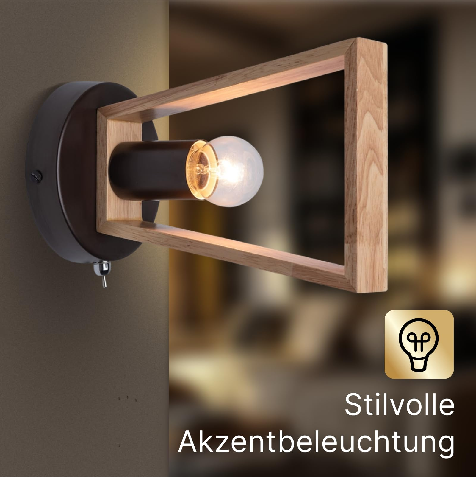 Eine Wandleuchte aus Holz und dunklem Metall mit Glühbirne.