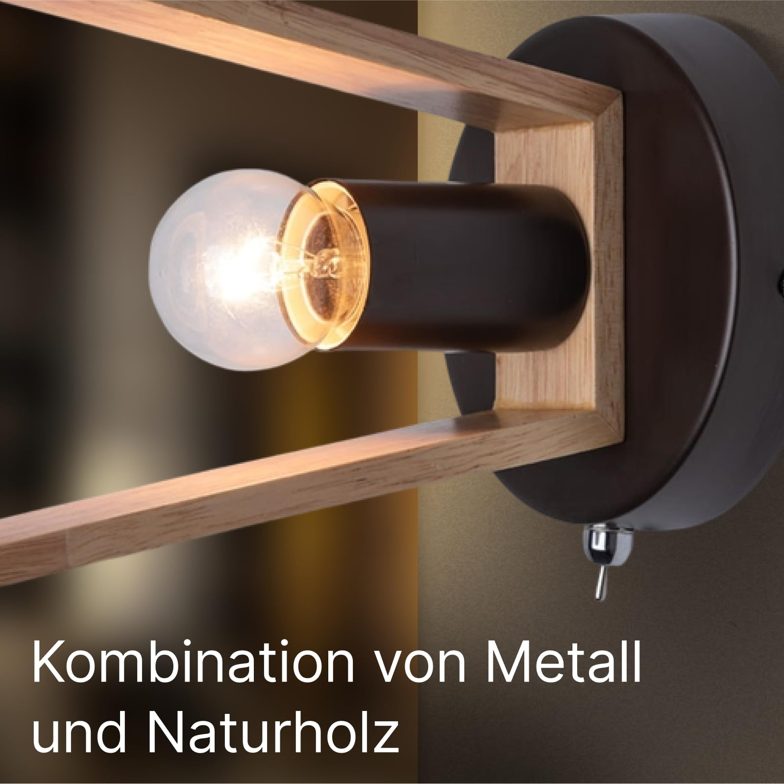 Moderne Wandleuchte mit Glühbirne, Holz- und Metallelementen.