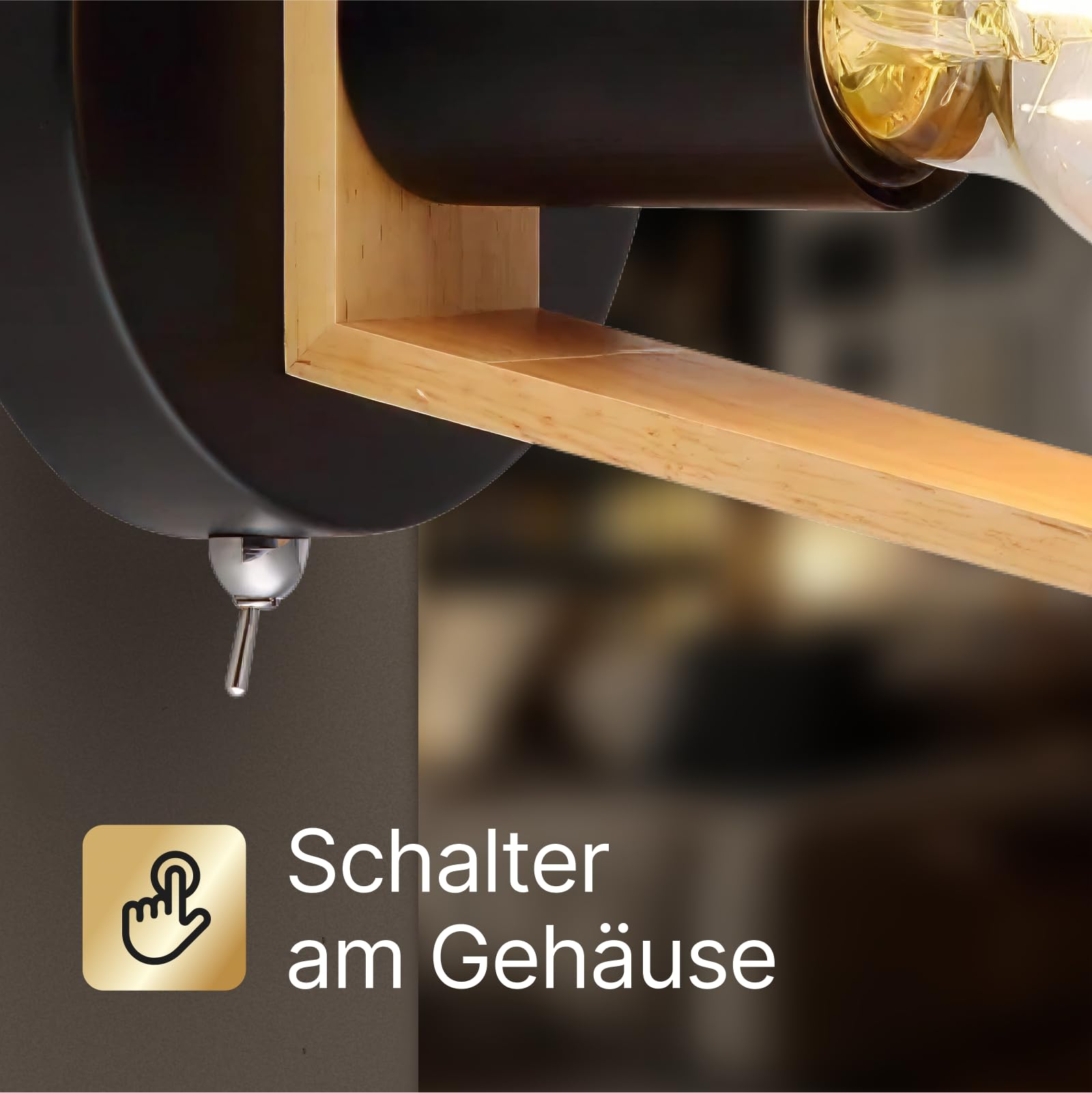 Ein Lichtschalter am Gehäuse eines Lampenfußes mit Holzdekor.