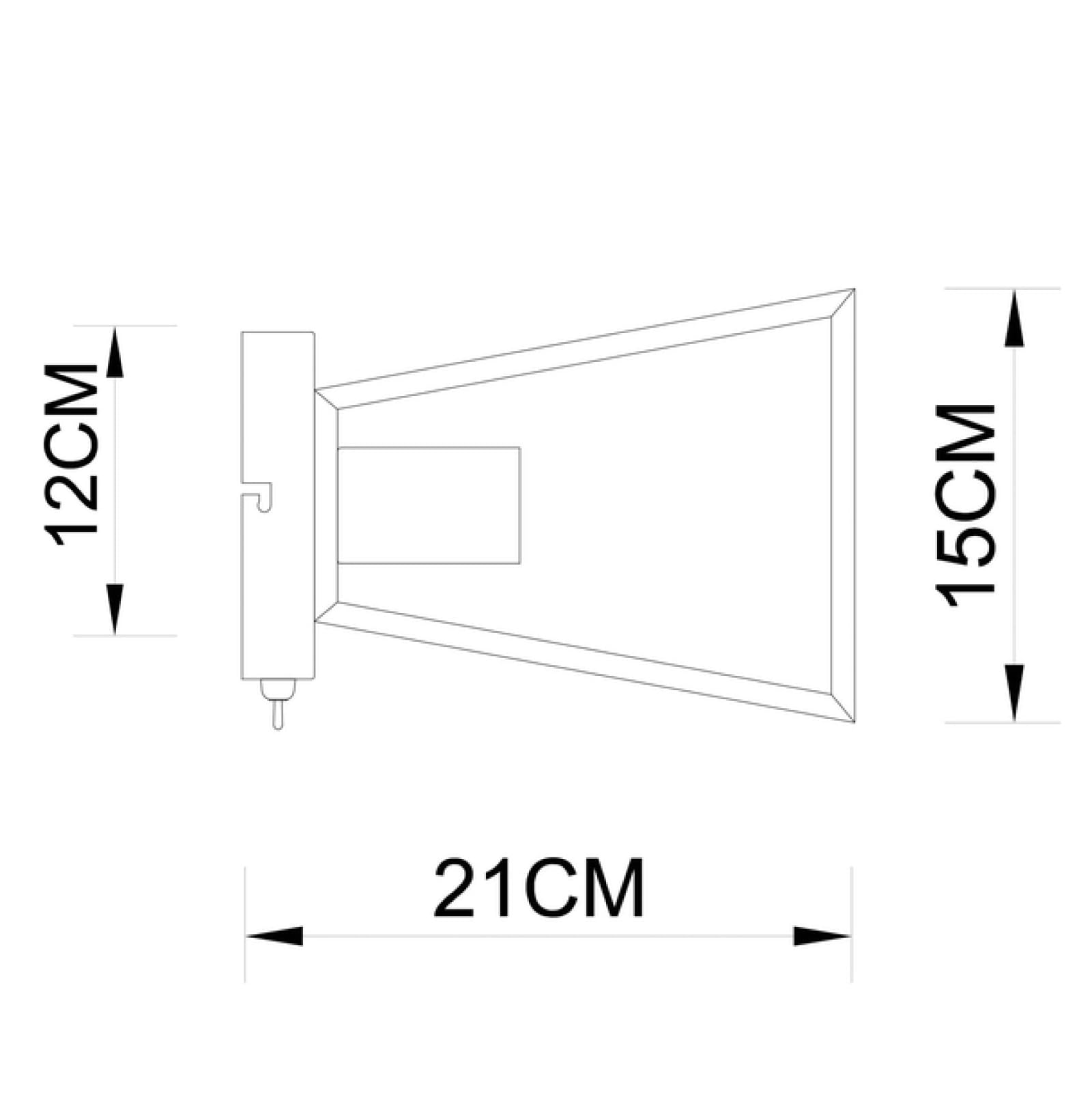 Technische Zeichnung einer Lampe: 21cm breit, 12cm hoch, 15cm tief.