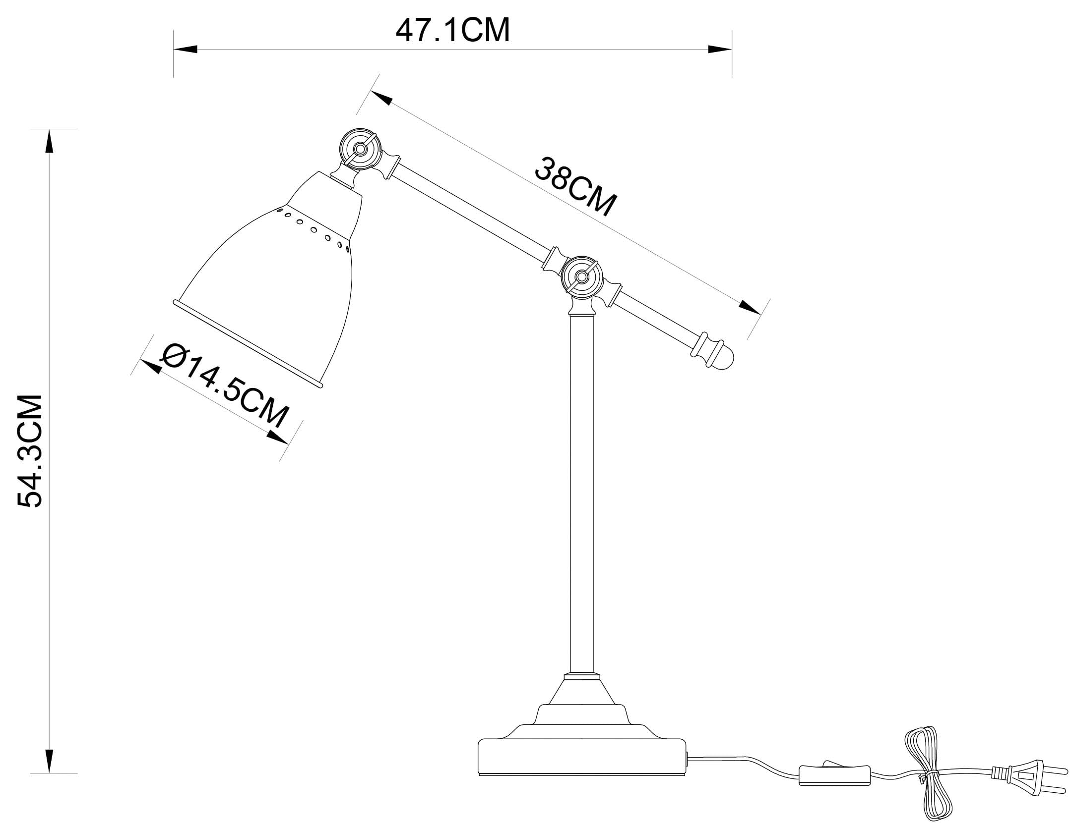Technische Zeichnung einer Schreibtischlampe mit Maßen.