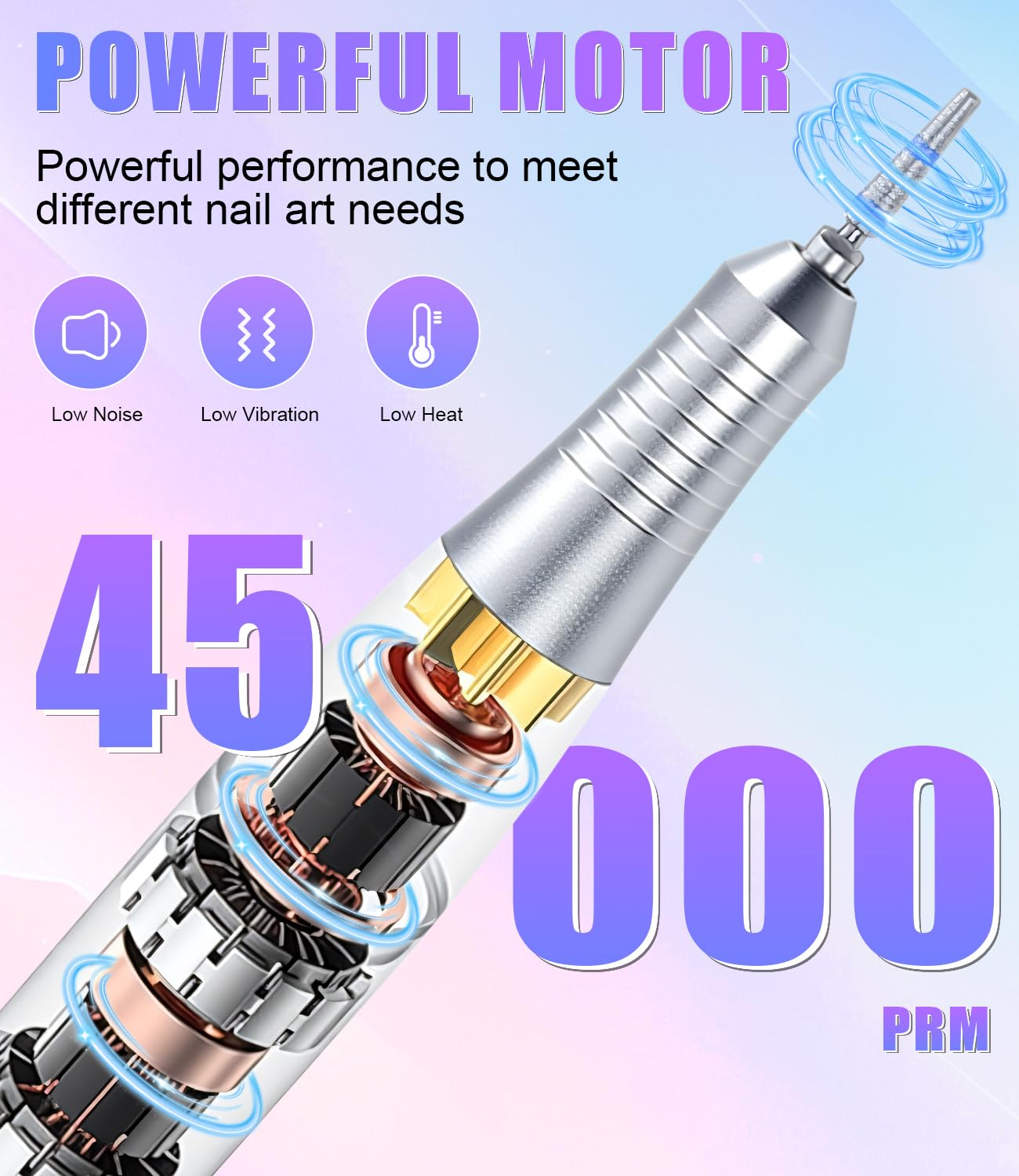 Leistungsstarker Nagelbohrer-Motor mit 45.000 U/min für Nailart, geringe Geräuschentwicklung und Vibration.