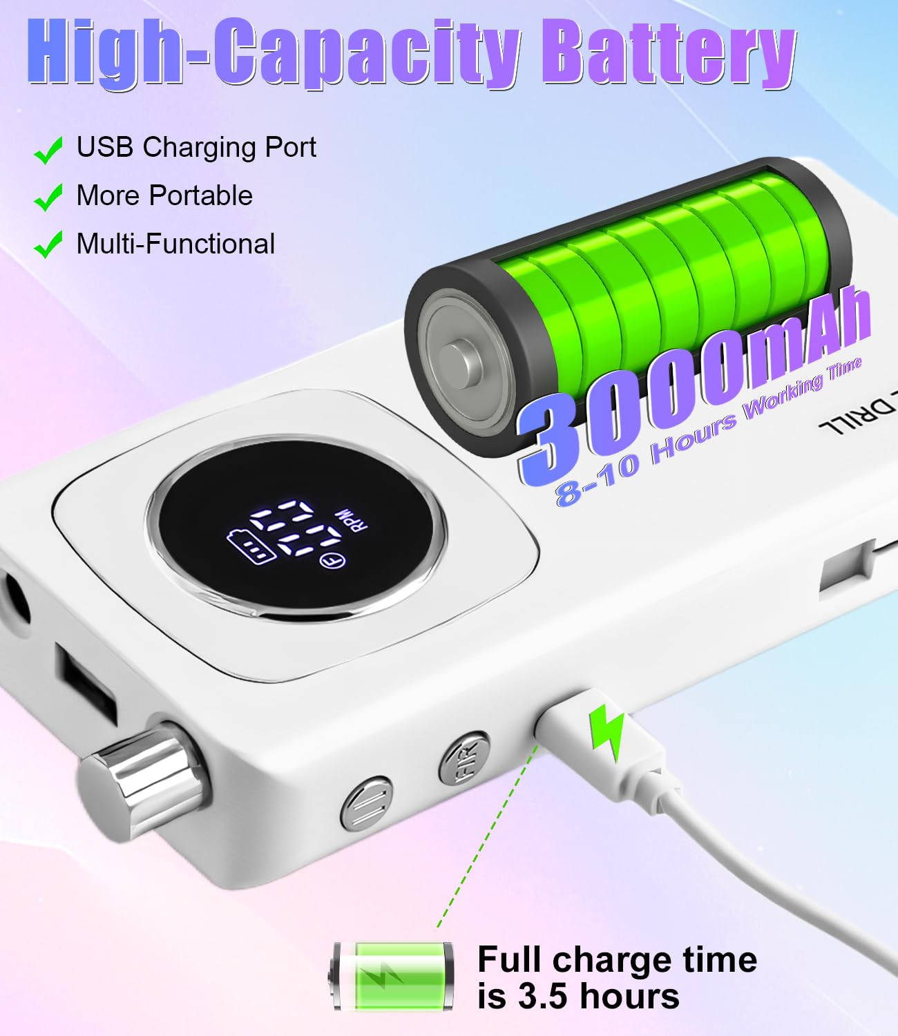 Weißes Gerät mit einer grünen Batterieanzeige, USB-Anschluss und Ladeanzeige.
