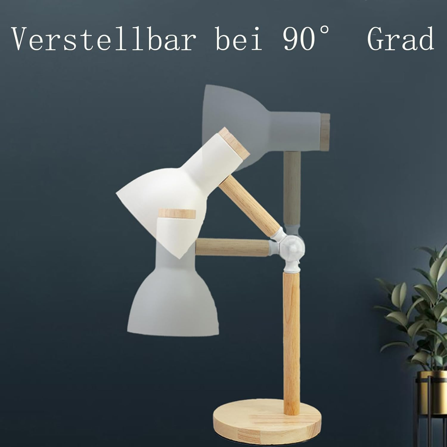 Verstellbare Schreibtischlampe mit Holzdetails und weißem Lampenschirm.