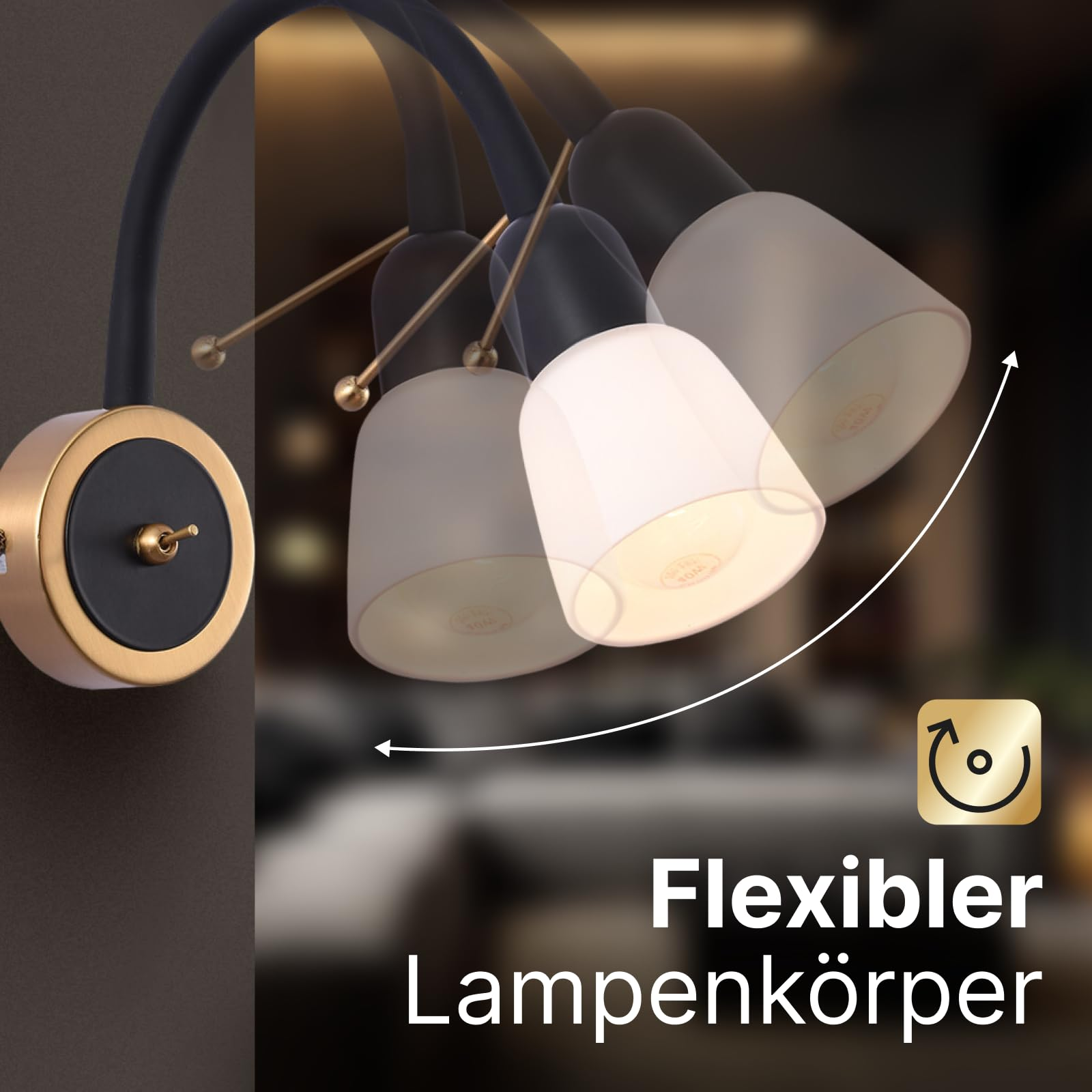 Flexibler Lampenkörper mit goldenem Schalter und schwenkbaren Lichtern.